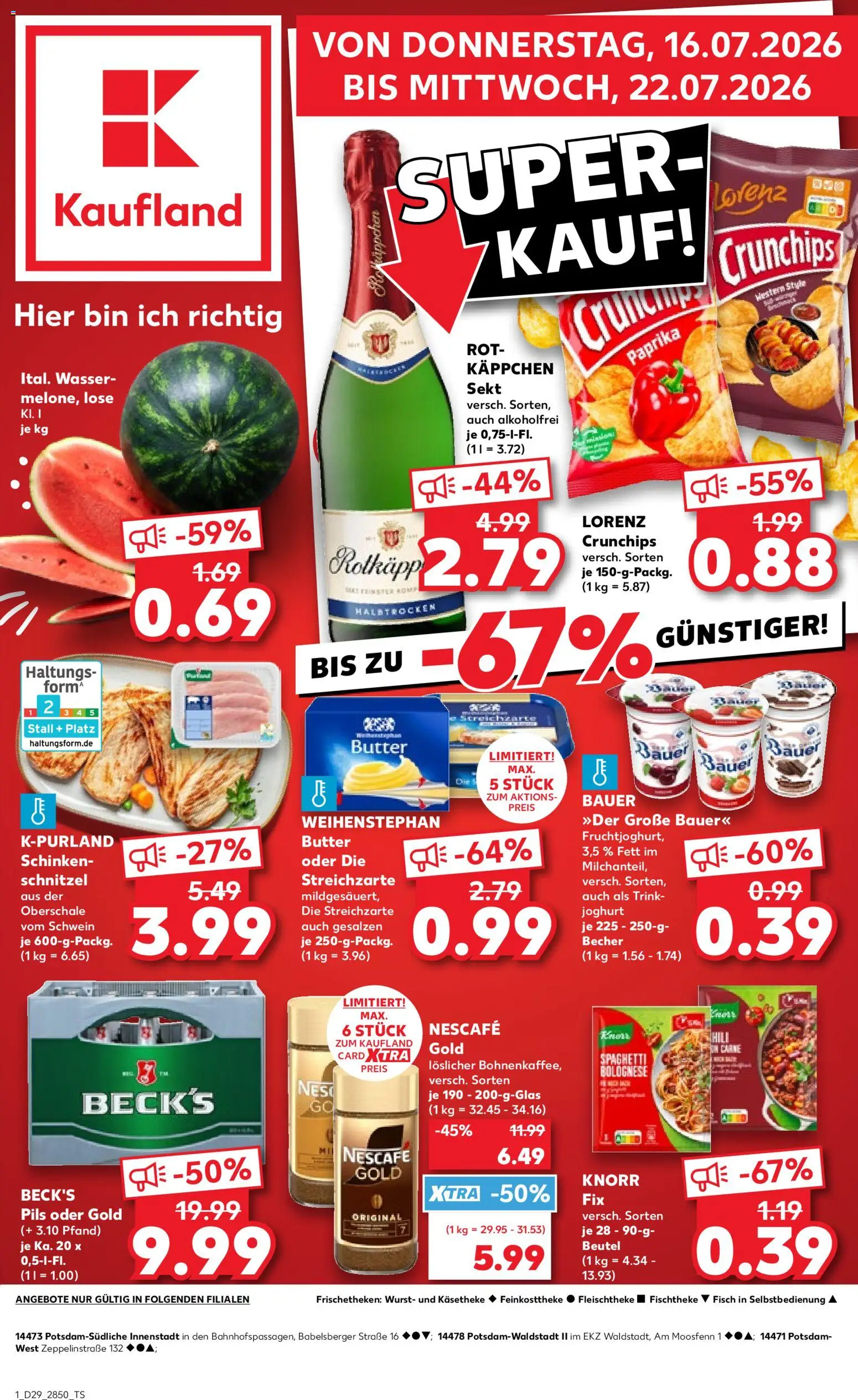 Kaufland Prospekt Potsdam – gültig ab 16.07.2026 | Seite: 1 | Produkte: Joghurt, Knorr, Schnitzel, Wasser