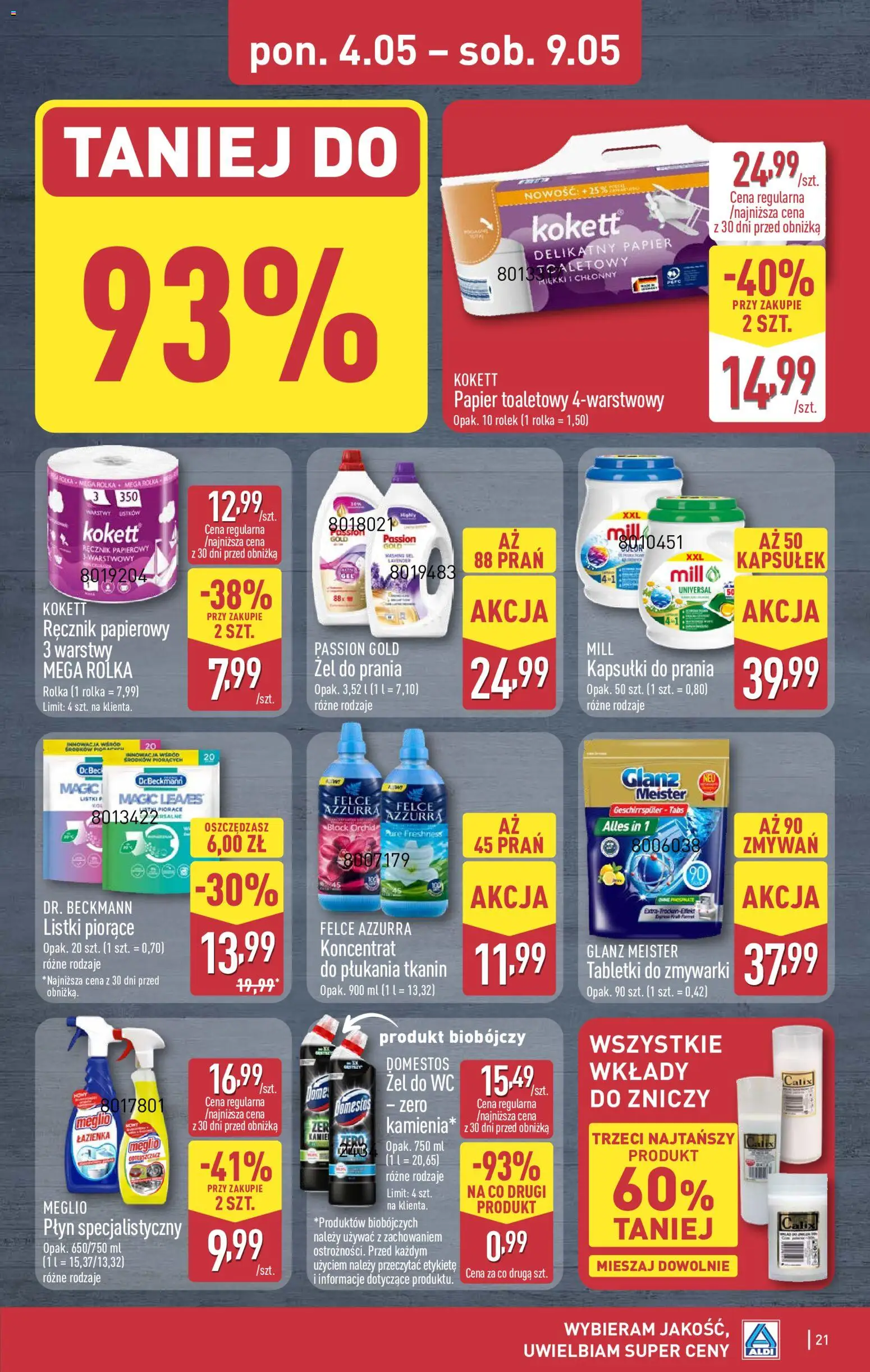 Aldi gazetka od 04.05.2026 | Strona: 21 | Produkty: Meglio, Kapsułki do prania, Ręcznik papierowy, Tabletki do zmywarki