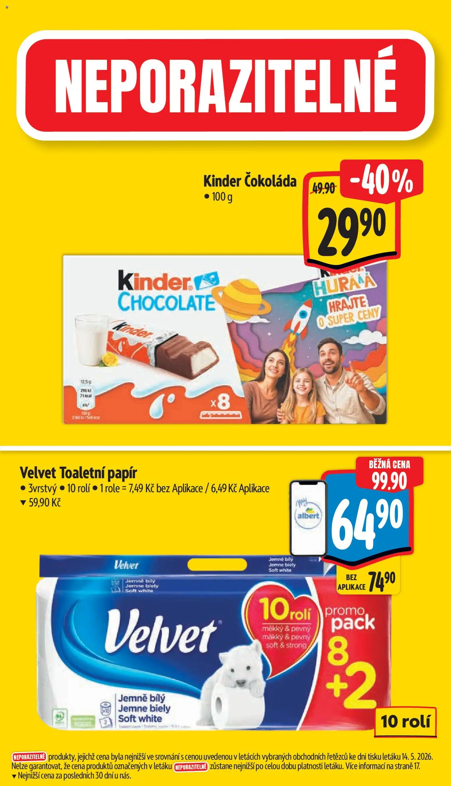 Albert leták - Supermarket od 20.05.2026 | Strana: 4 | Produkty: Čokoláda, Kinder čokoláda, Velvet, Kinder