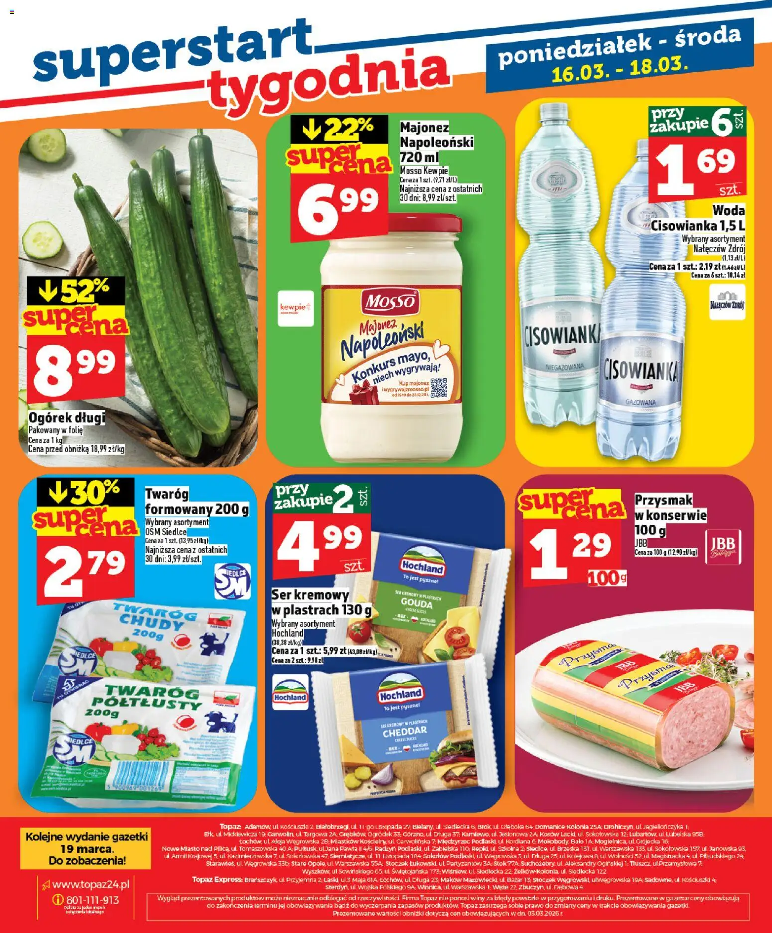 Topaz gazetka od 12.03.2026 | Strona: 28 | Produkty: Twaróg, Cheddar, Woda, Majonez