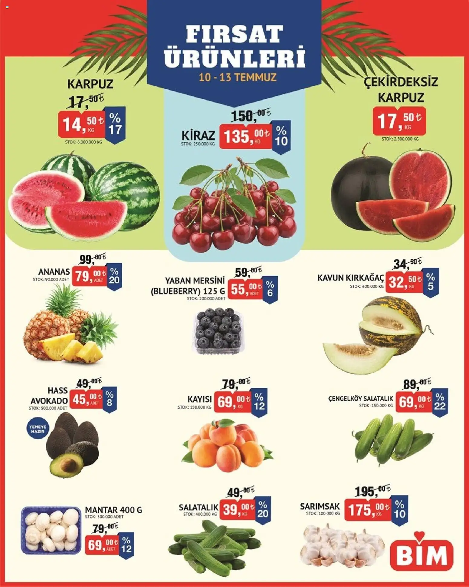 BİM - Meyve-Sebze, İndirim - 10 Temmuz 2026 tarihinden itibaren geçerlidir | Sayfa: 1 | Ürünler: Ananas, Avokado, Karpuz, Yaban mersini