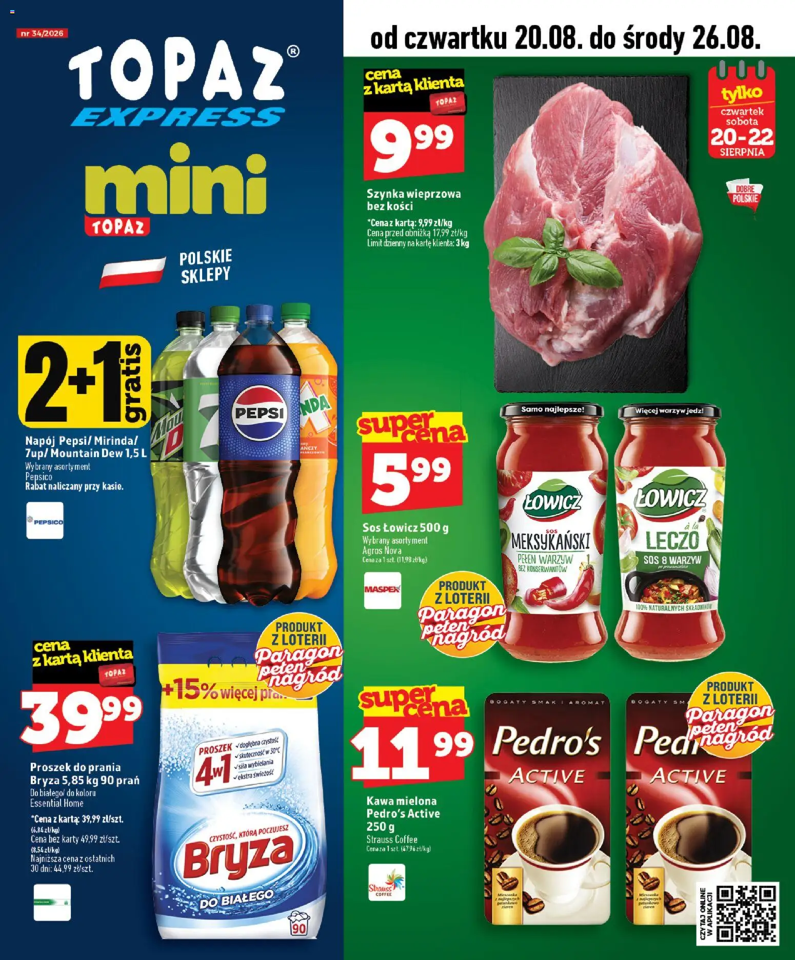 Topaz gazetka - Express od 20.08.2026 | Strona: 1 | Produkty: Pepsi, Szynka, Kawa, Proszek do prania