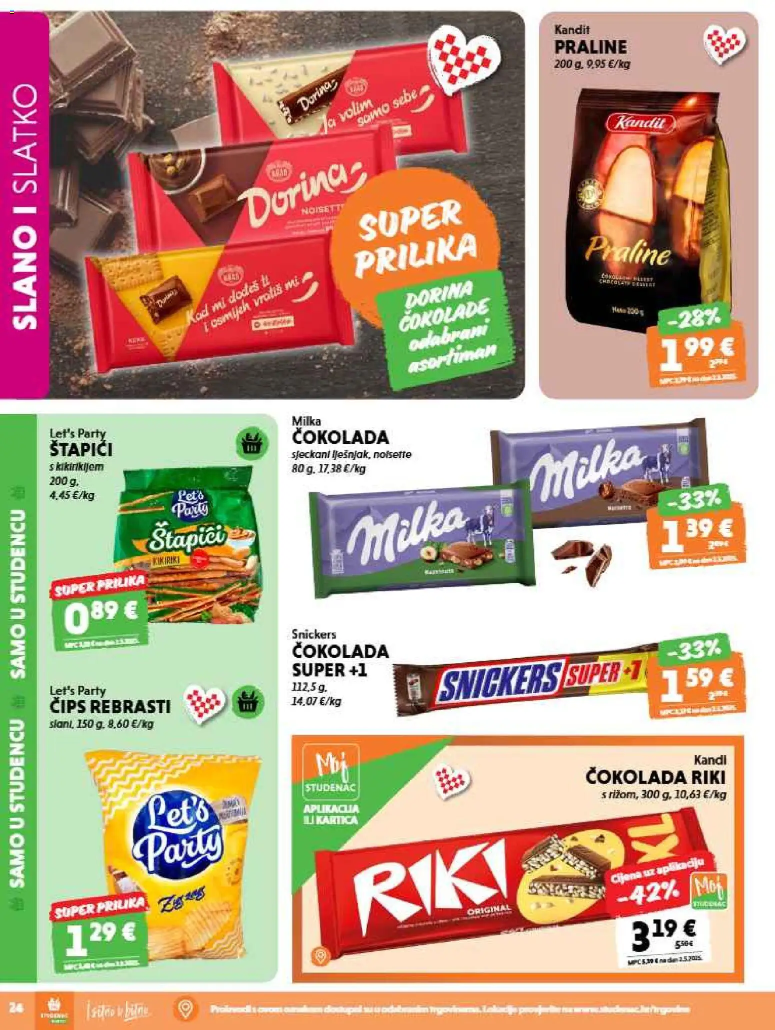 Studenac katalog | vrijedi od 12.08.2026 | Stranica: 24 | Proizvodi: Dorina, Snickers, Čips, Kikiriki