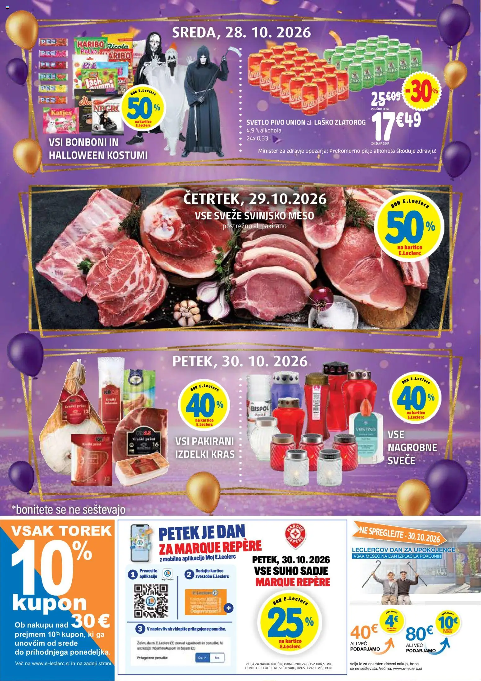 Novi E.leclerc katalog ponudbe – veljaven od 28.10.2026 | Stran: 2 | Izdelki: Bonboni, Nagrobne sveče, Svinjsko meso, Svece