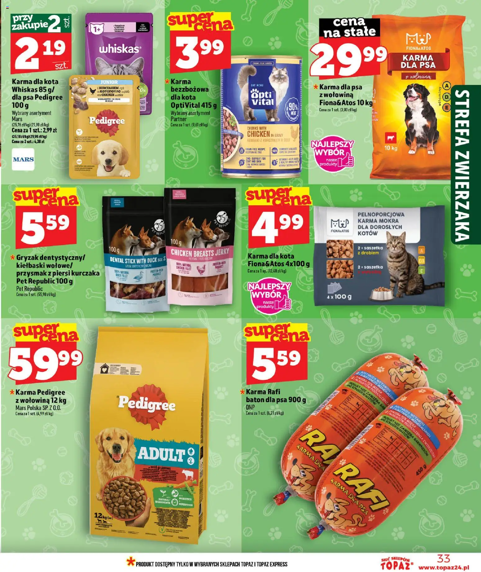 Topaz gazetka od 16.07.2026 | Strona: 33 | Produkty: Piersi, Whiskas, Kiełbaski, Pedigree