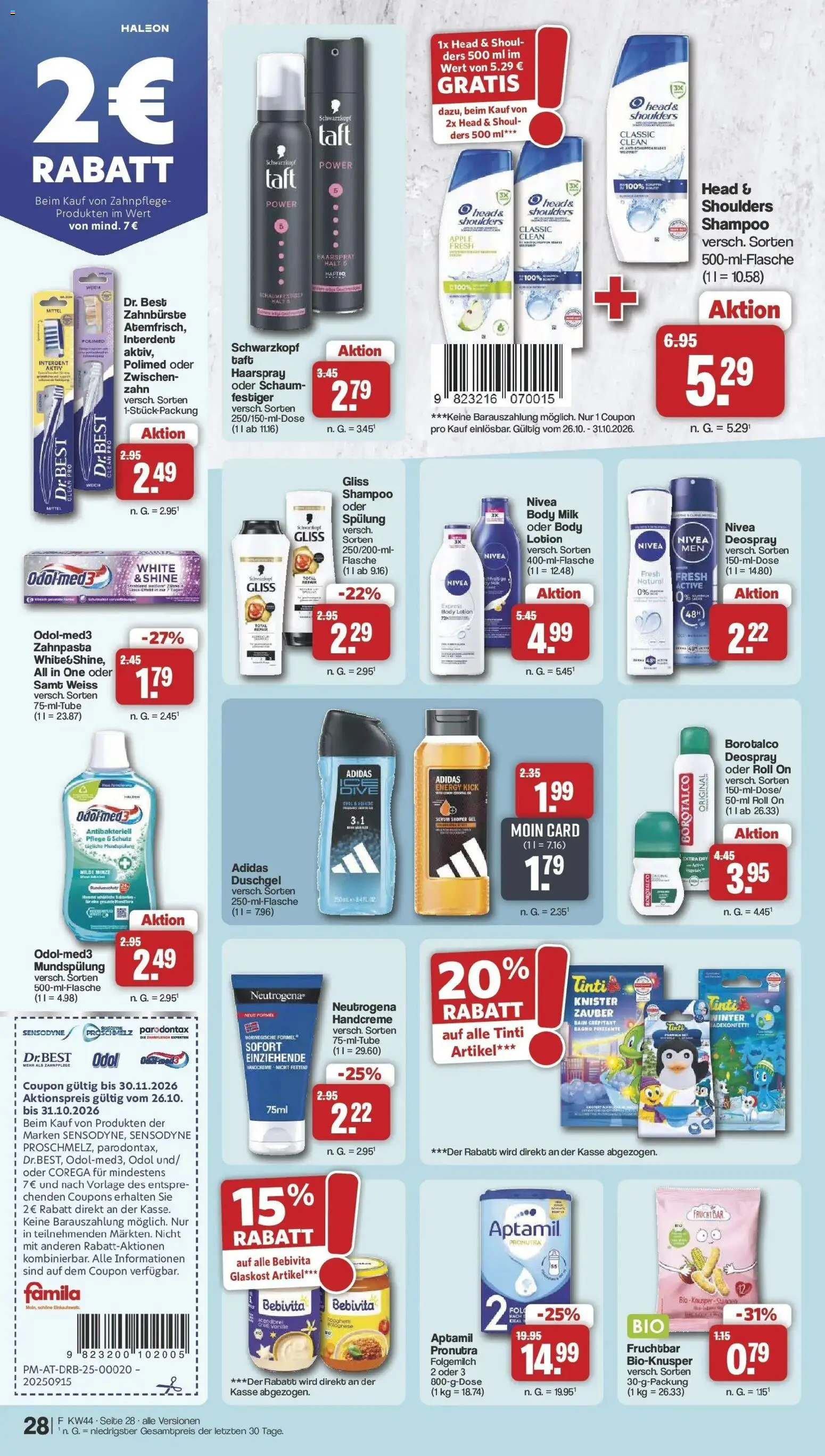 Famila Nordwest - Famila: Wochenangebote – gültig ab 26.10.2026 | Seite: 28 | Produkte: Spülung, Handcreme, Zahnpasta, Body Milk