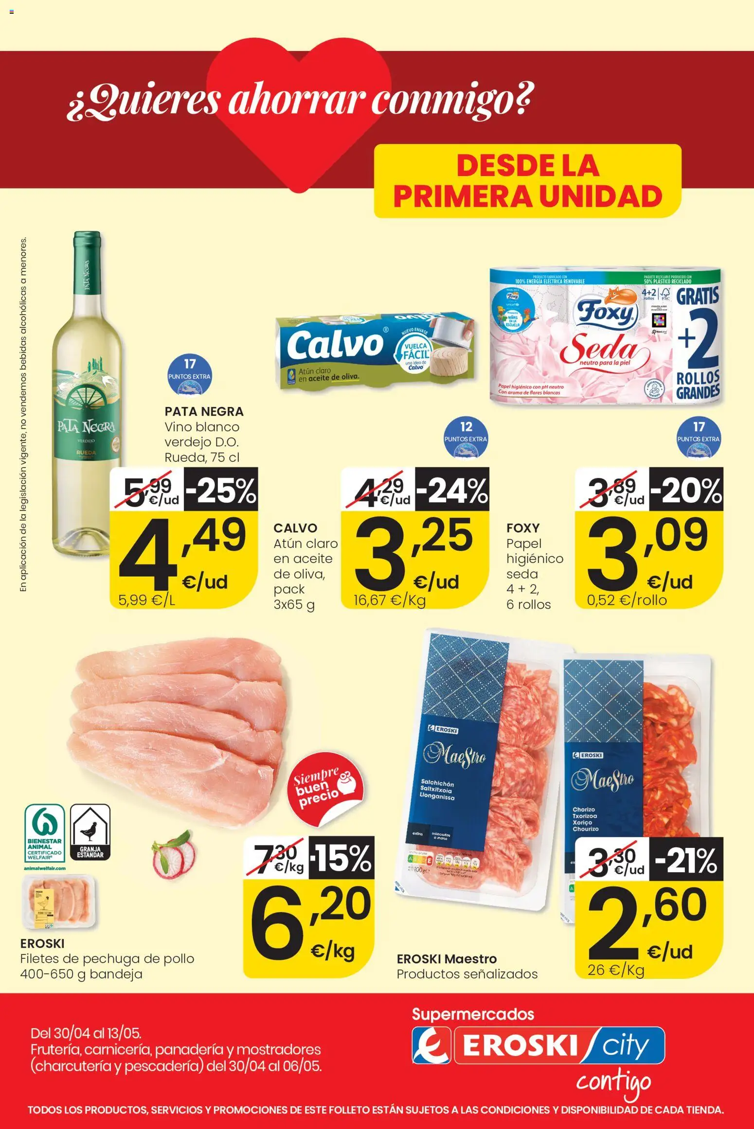 Eroski Quieres ahorrar conmigo │ válido desde el 30.04.2026 | Página: 1 | Productos: Δισκέτα, Aceite, Papel higienico, Panadería