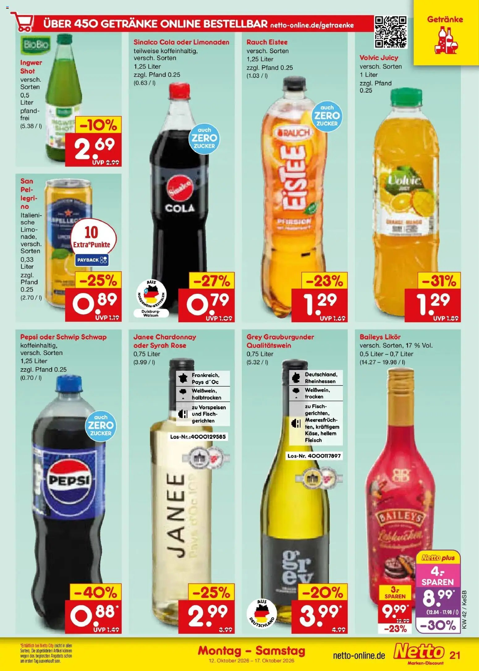 Netto Marken-Discount Prospekt Koblenz (ab 12.10.2026) » Angebote | Seite: 25 | Produkte: Sinalco, Fisch, Pepsi, Volvic