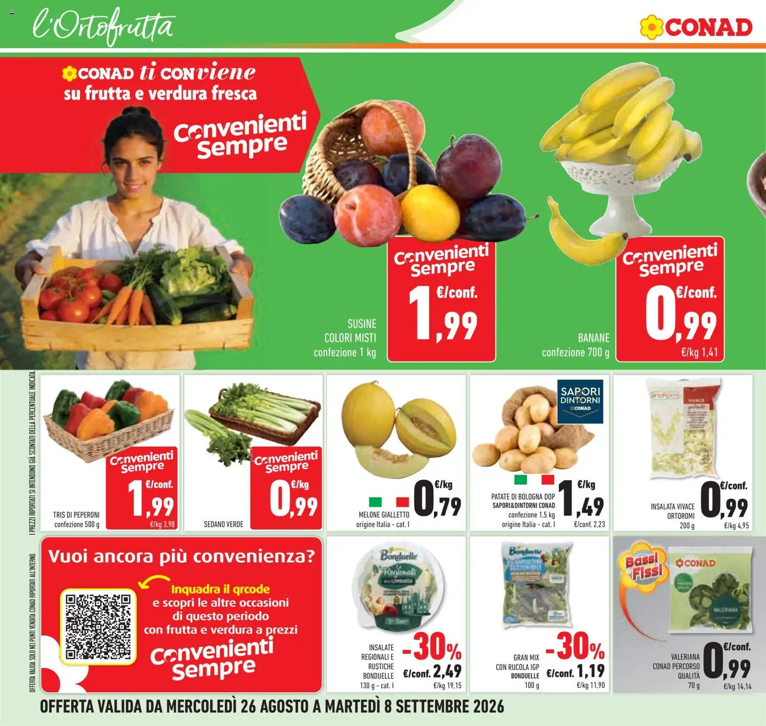 Volantino Conad del 26/08/2026 | Pagina: 10 | Prodotti: Valeriana, Peperoni, Insalata, Melone