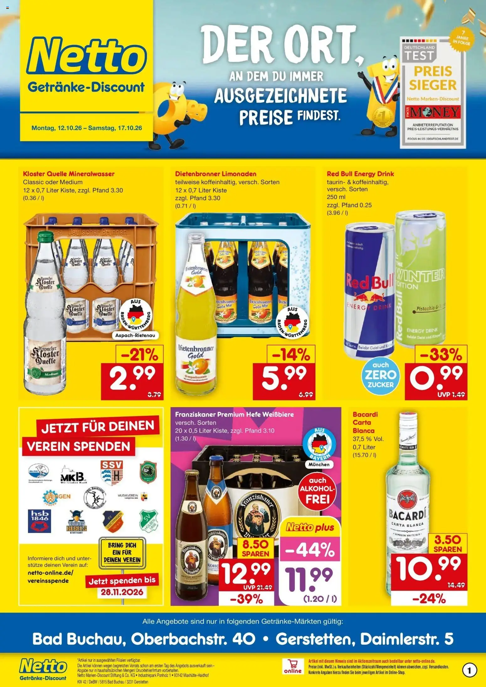 Netto Marken-Discount Prospekt Bad Buchau – gültig ab 12.10.2026 | Seite: 1 | Produkte: Rum, Bad, Mineralwasser, Zucker