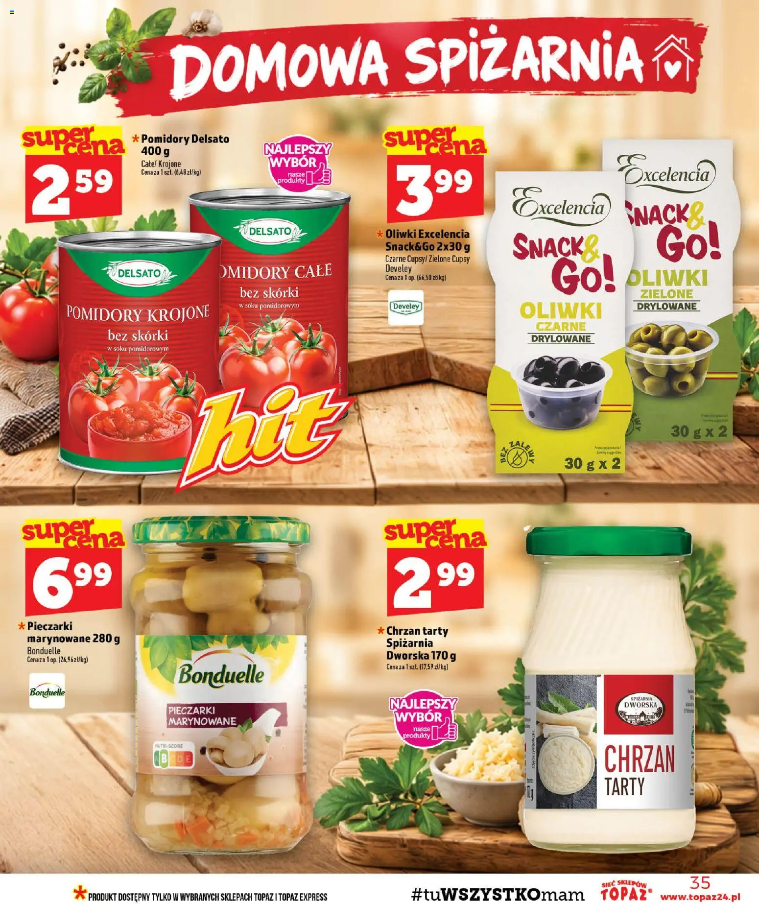 Topaz gazetka - MAZ od 29.10.2026 | Strona: 35 | Produkty: Pieczarki marynowane, Chrzan, Pomidory krojone, Pomidory