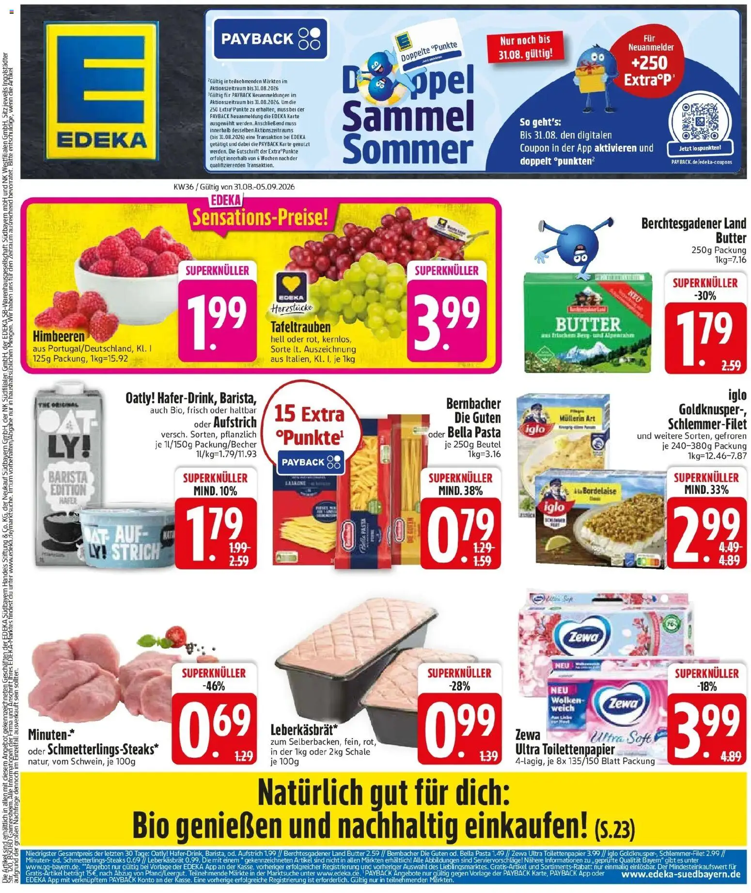 Edeka Prospekt München (ab 31.08.2026) » Angebote Online | Seite: 3 | Produkte: Himbeeren, Butter, Zewa, Iglo schlemmerfilet