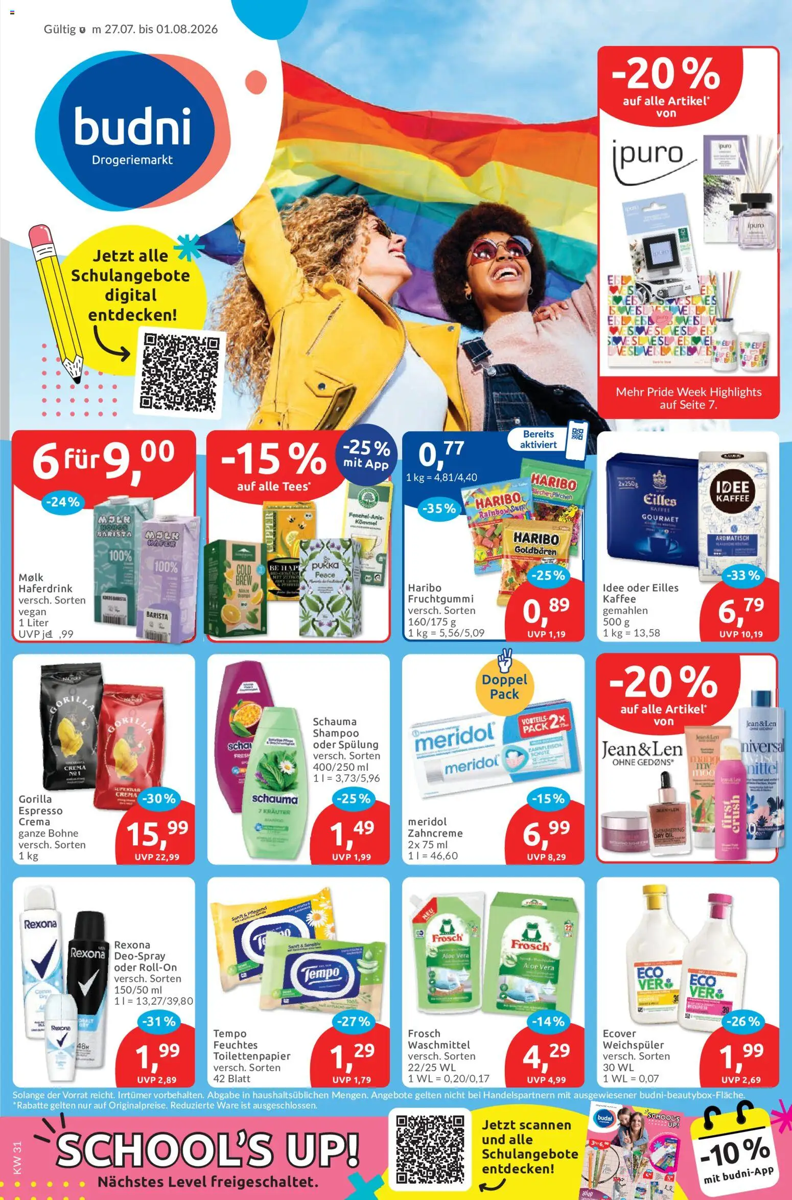 Budni Prospekt – gültig ab 27.07.2026 | Seite: 1 | Produkte: Eilles kaffee, Haferdrink, Weichspüler, Toilettenpapier