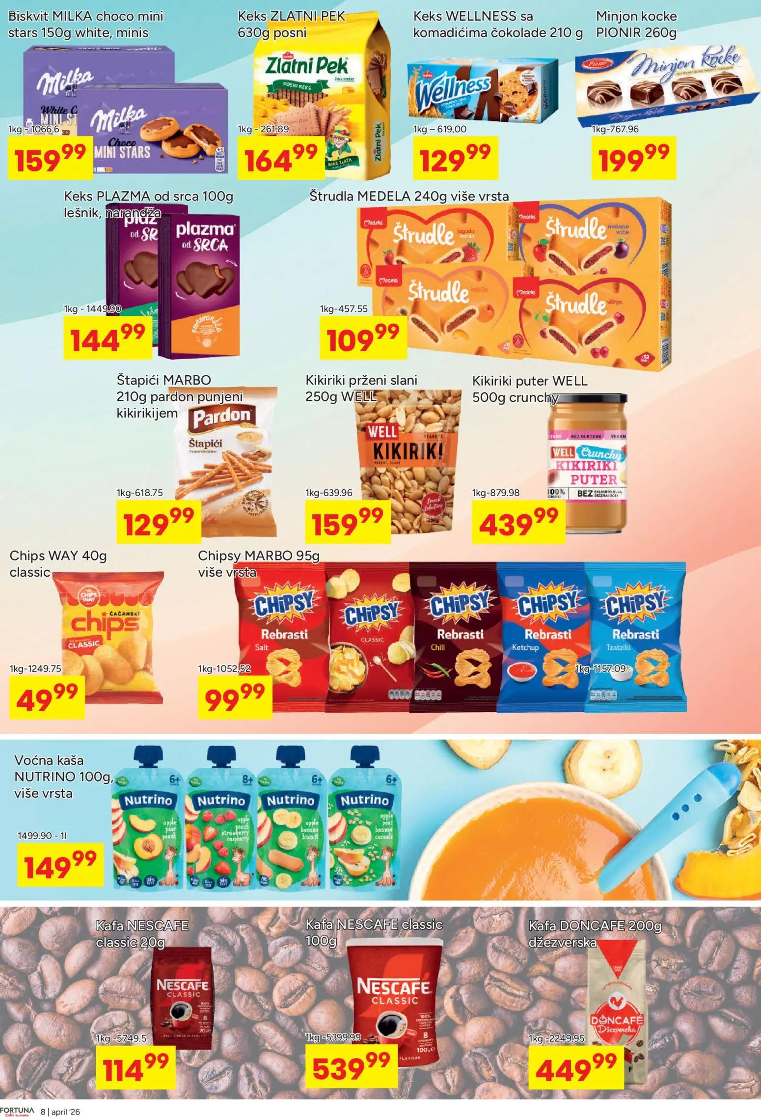 Fortuna Market katalog - važi od 13.04.2026 | Strana: 8 | Proizvode: Keks, Štrudla, Puter, Kafa
