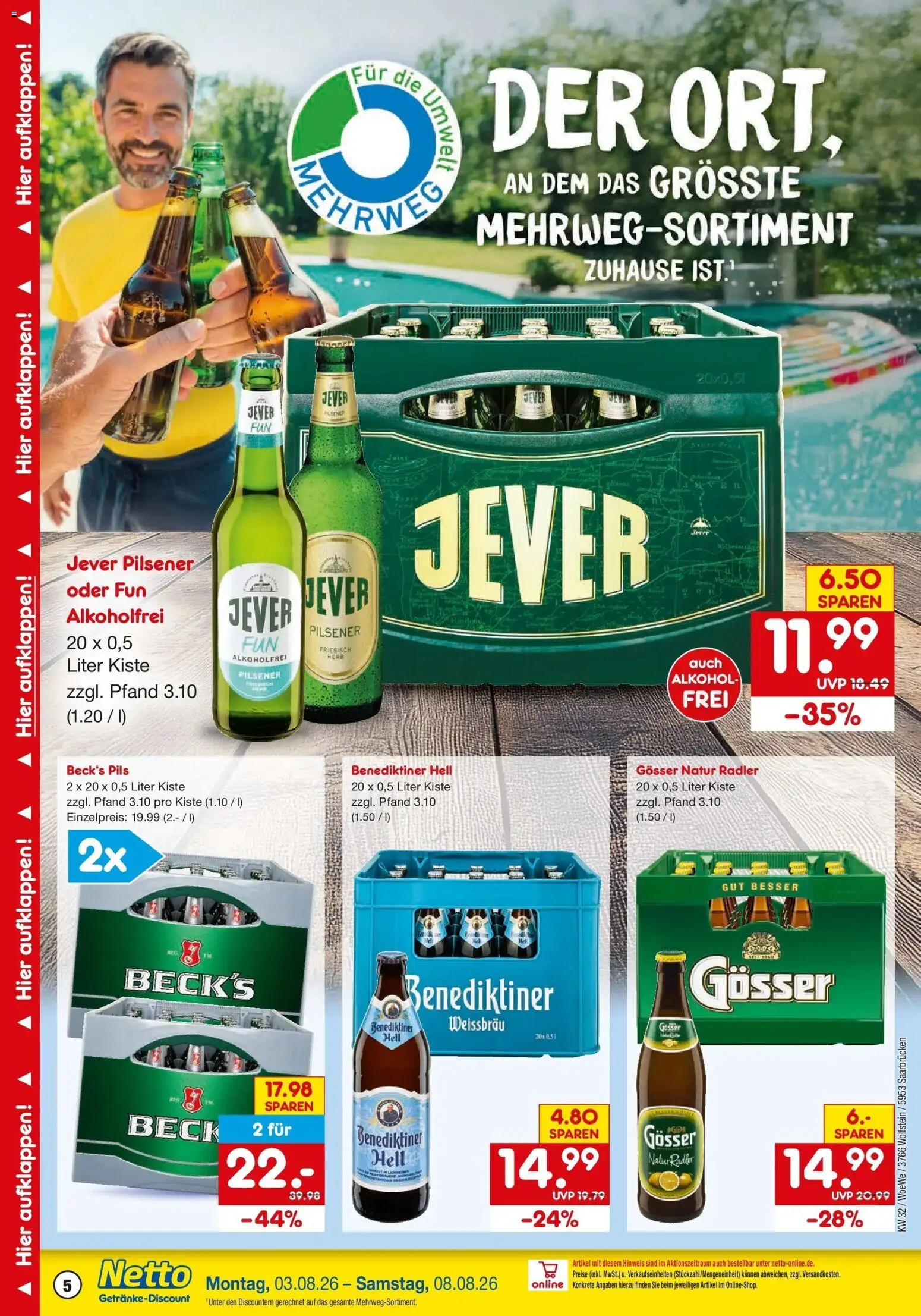 Netto Marken-Discount Prospekt Saarbrücken – gültig ab 03.08.2026 | Seite: 5 | Produkte: Pils, Benediktiner hell, Radler, Jever