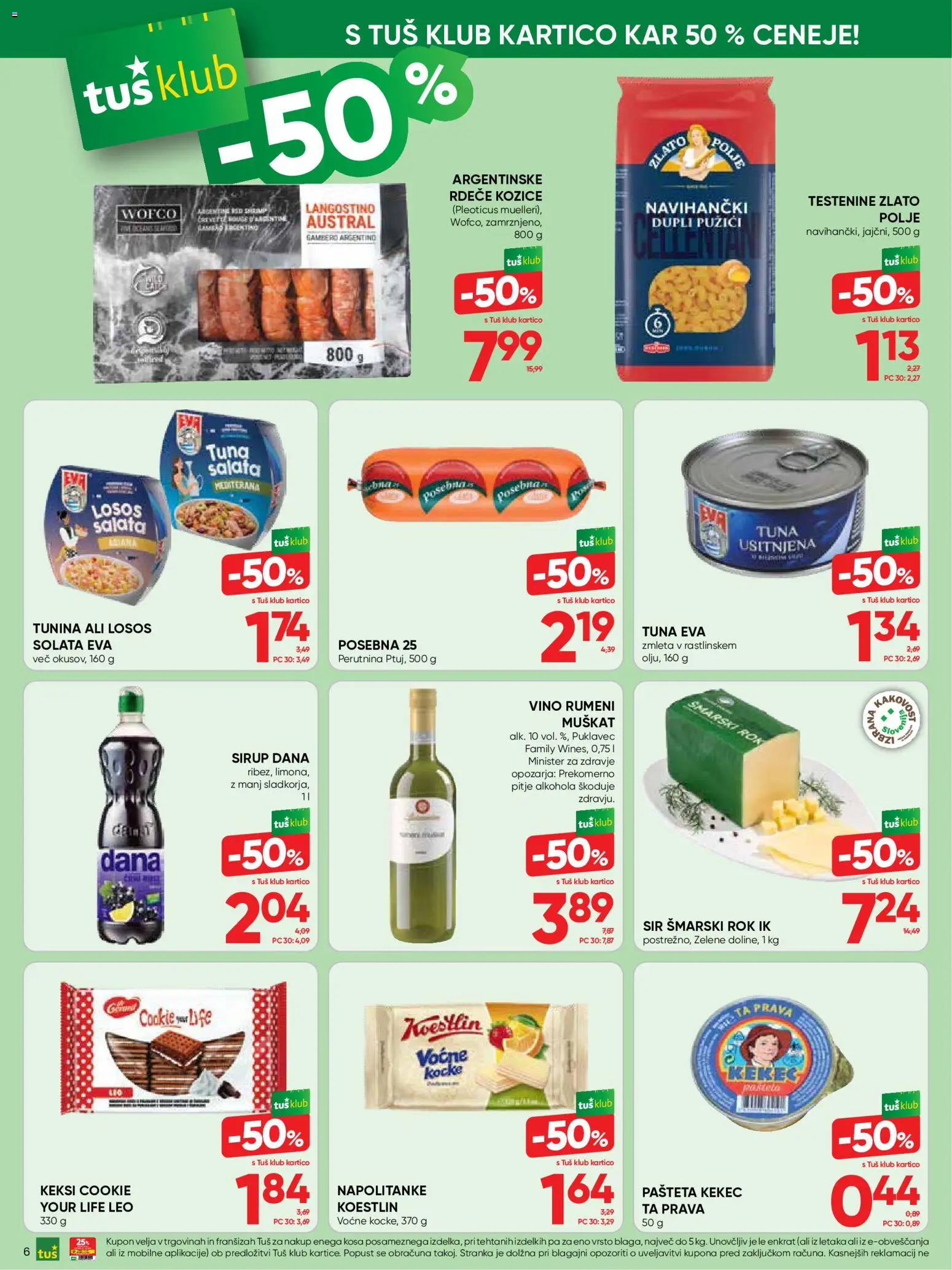 Novi Tuš katalog ponudbe – veljaven od 02.09.2026 | Stran: 6 | Izdelki: Napolitanke, Keksi, Tuna, Testenine
