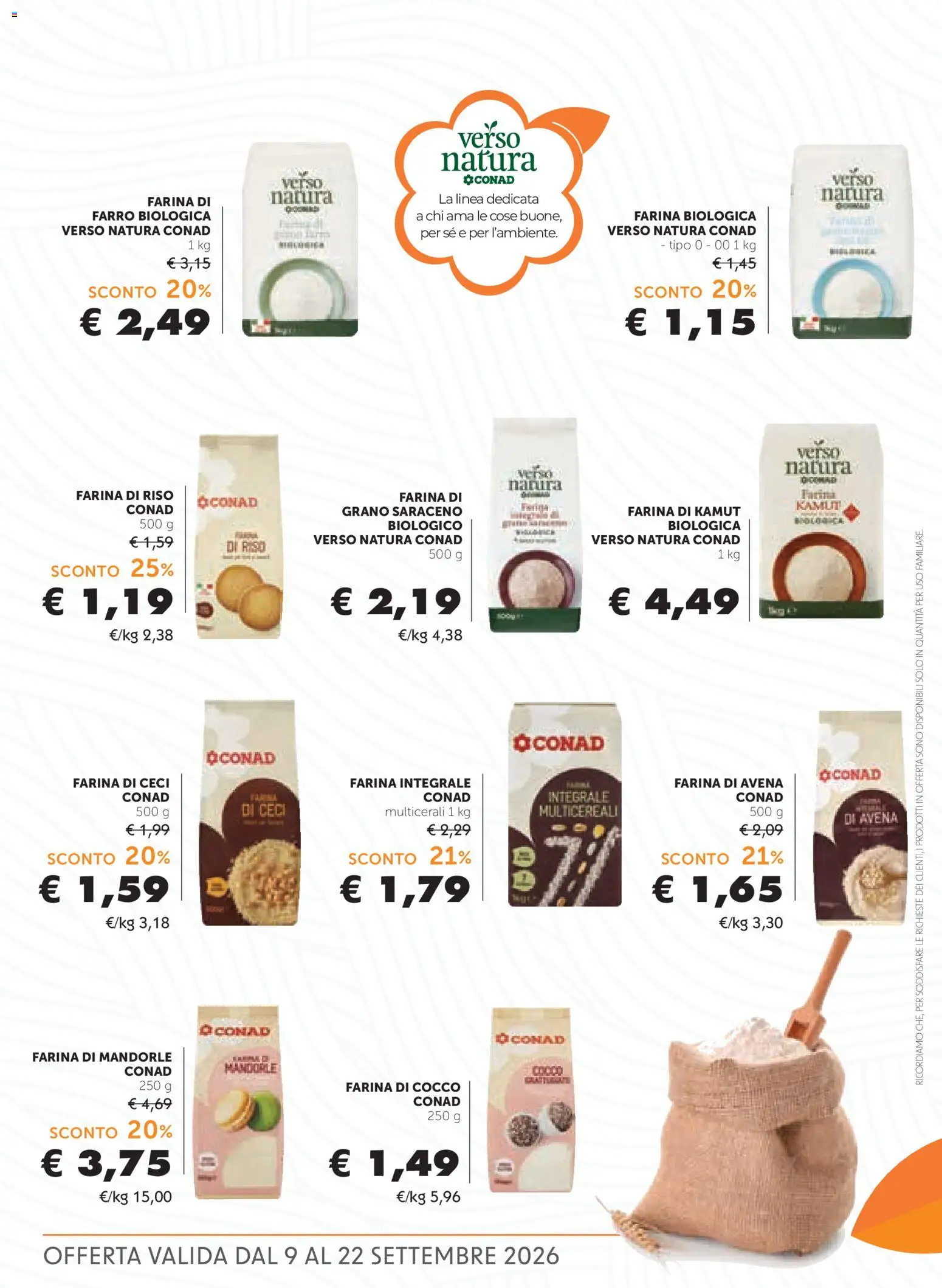 Volantino Conad del 09/09/2026 | Pagina: 5 | Prodotti: Farina di mandorle, Farina integrale, Farina di farro, Farro