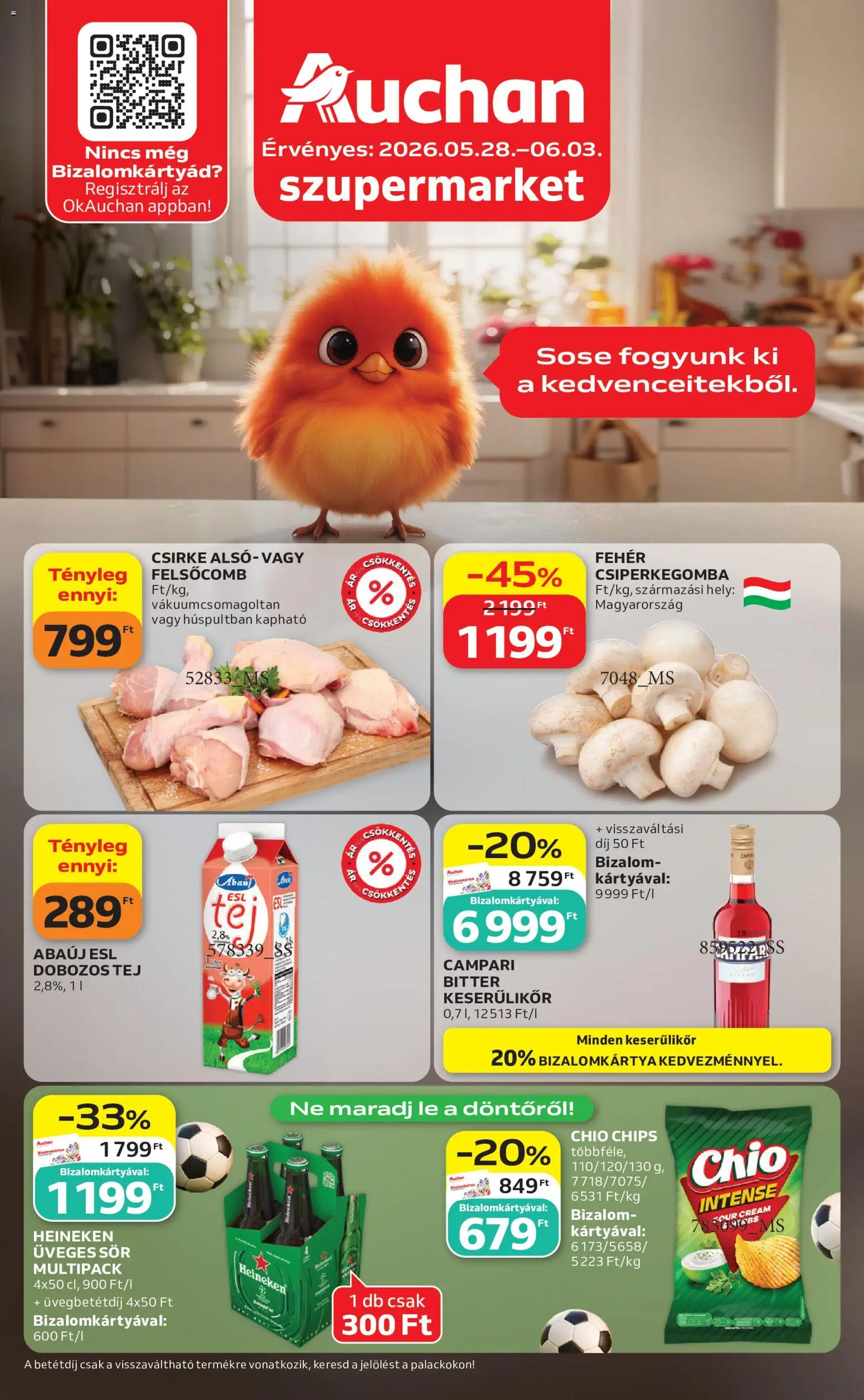 Auchan akciós ujság - amely érvényes a következő dátumtól: 28.05.2026 | Oldal: 1 | Termékek: Chips, Heineken, Campari, Sör