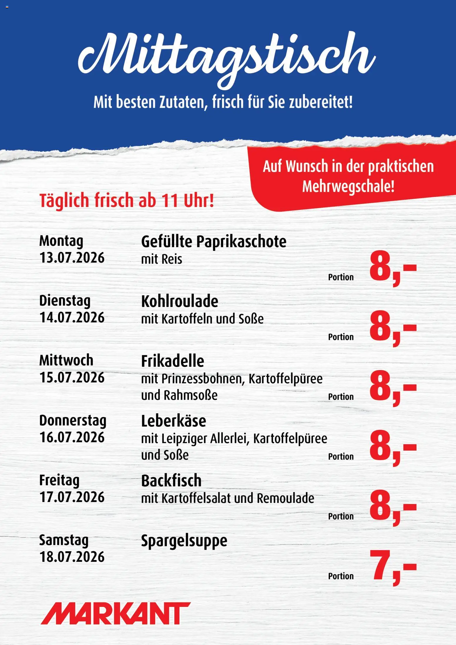 Markant  Mittagstisch – gültig ab 13.07.2026 | Seite: 1 | Produkte: Kartoffeln, Soße, Reis, Uhr