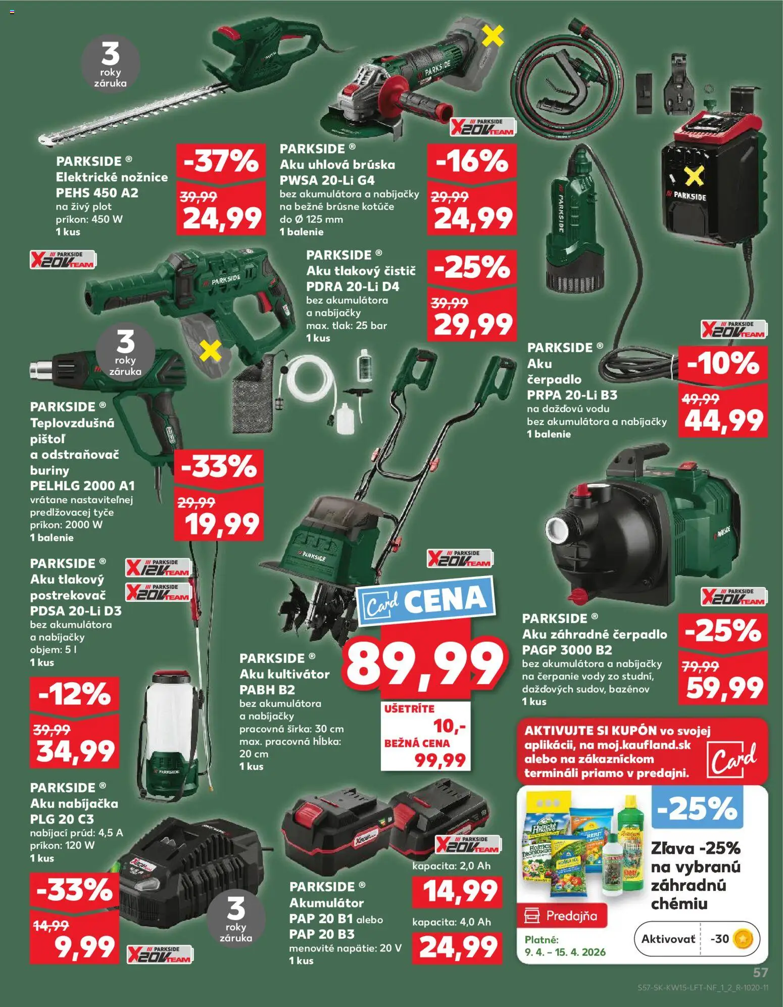 Nové Kaufland akcie – leták je platný od 09.04.2026 | Strana: 57 | Produkty: Čerpadlo, Tlakový čistič, Uhlová brúska, Nabíjačka