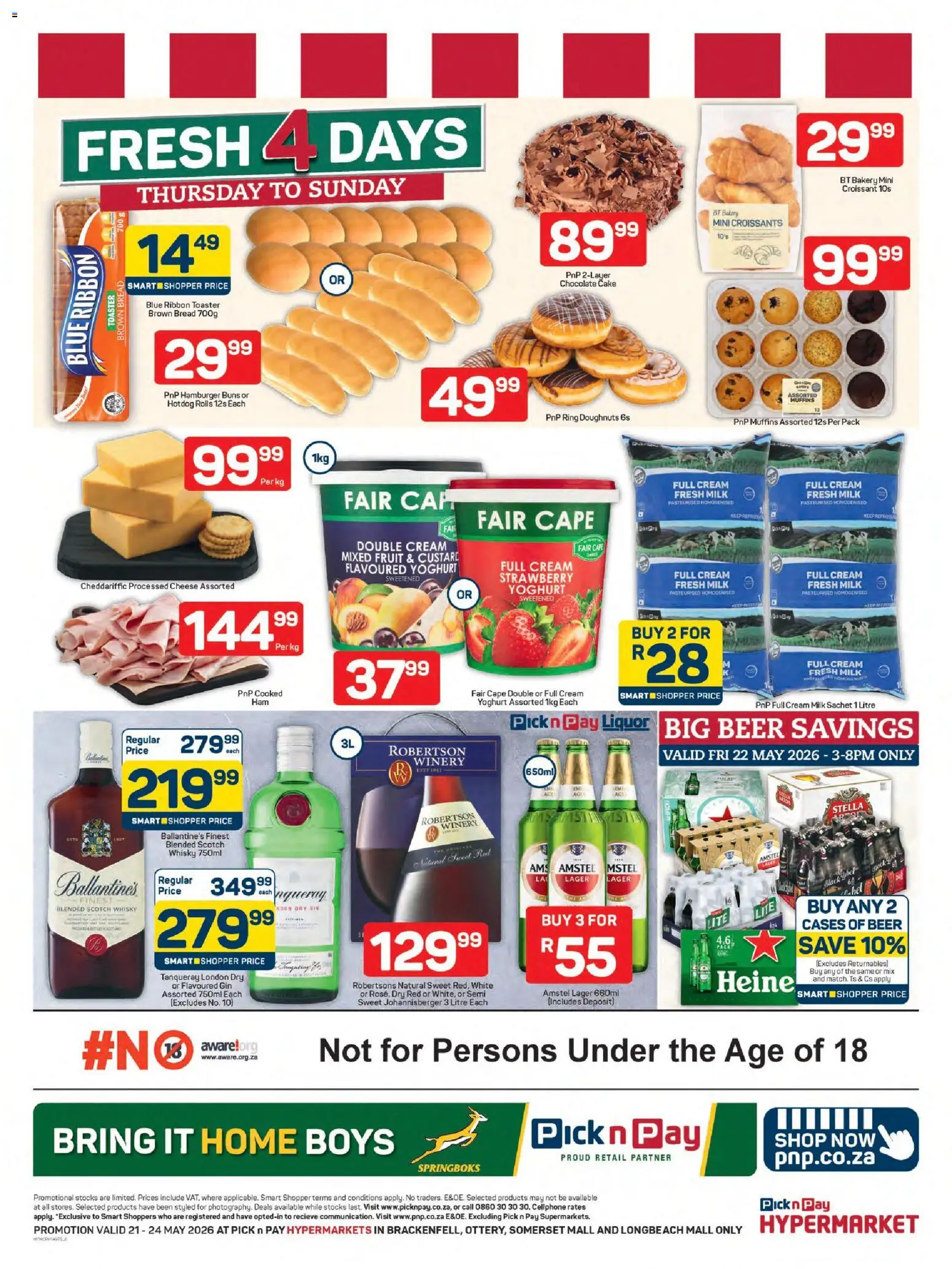 New Pick n Pay catalogue – valid from 21.05.2026 | Page: 2 | Products: Buns, Milk, Cheese, Beer