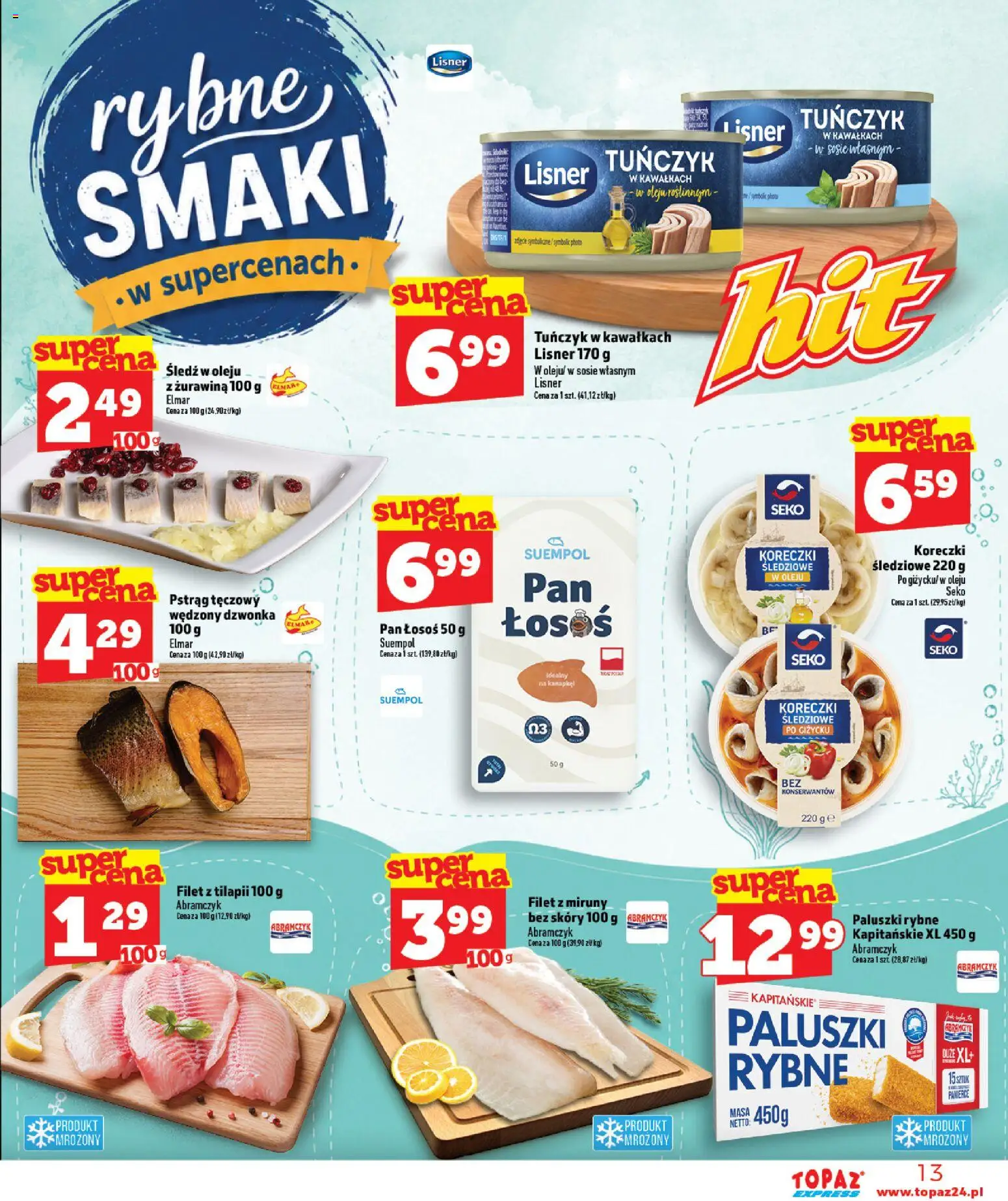 Topaz gazetka - Express od 17.09.2026 | Strona: 13 | Produkty: Tuńczyk w sosie własnym, Filet, Paluszki, Koreczki śledziowe