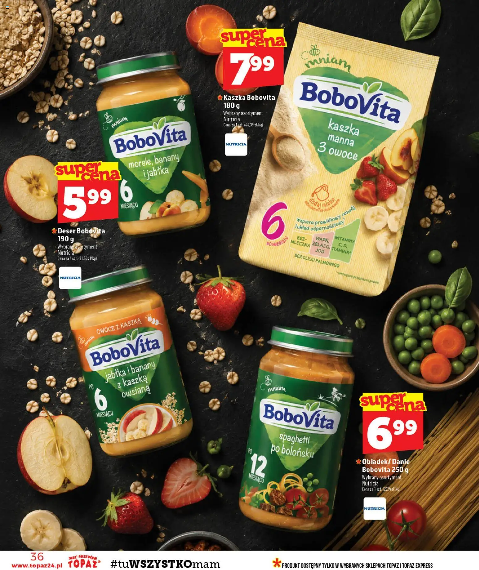 Topaz gazetka - Ceny małe na stałe od 20.08.2026 | Strona: 36 | Produkty: Kaszka bobovita, Spaghetti, Owsiana, Banany