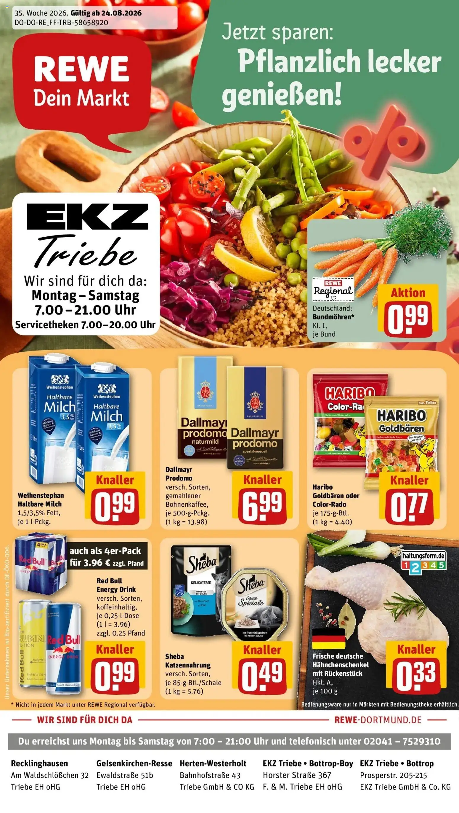 REWE Prospekt ab 24.08.2026 zum Blättern » Angebote | Seite: 1 | Produkte: Sheba, Red bull, Hahnchenschenkel, Dallmayr