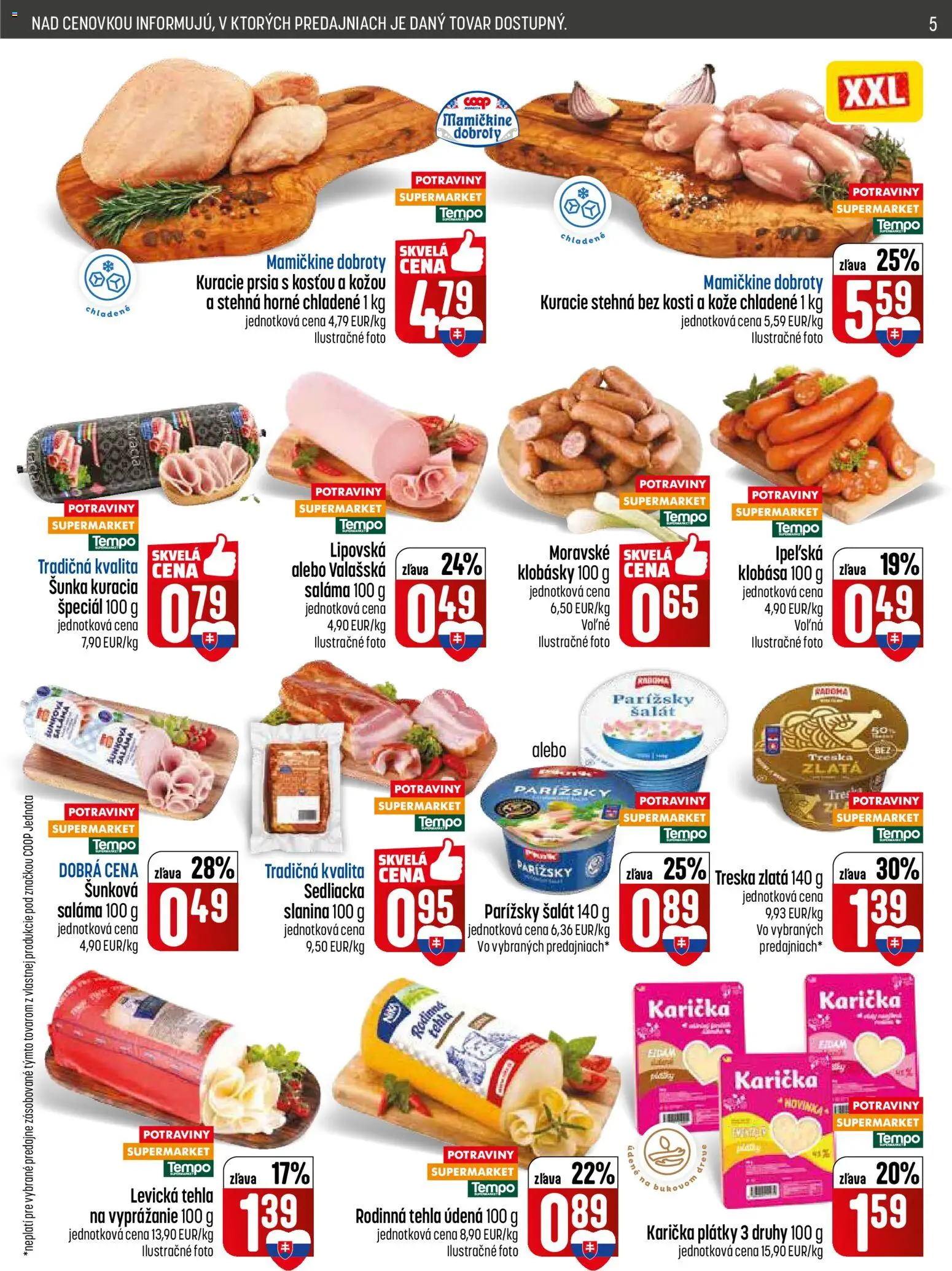 Nové COOP Jednota akcie – leták je platný od 28.05.2026 | Strana: 5 | Produkty: Saláma, Šunka, Klobása, Kuracie stehná