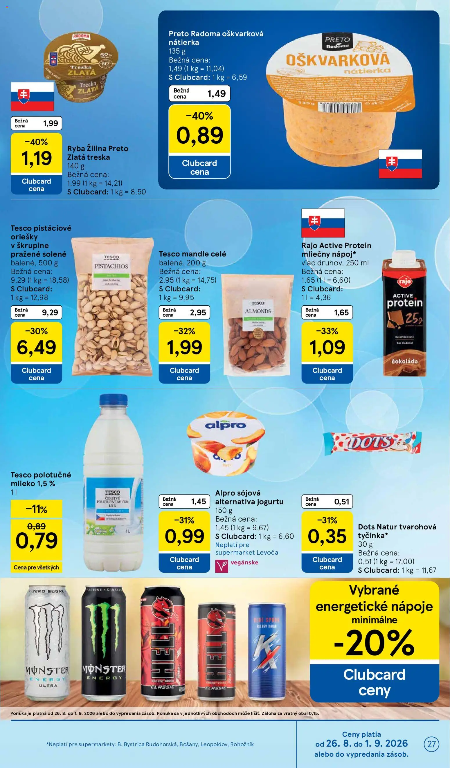Nové Tesco akcie – leták je platný od 26.08.2026 | Strana: 27 | Produkty: Mlieko, Ryba, Alpro, Mandle