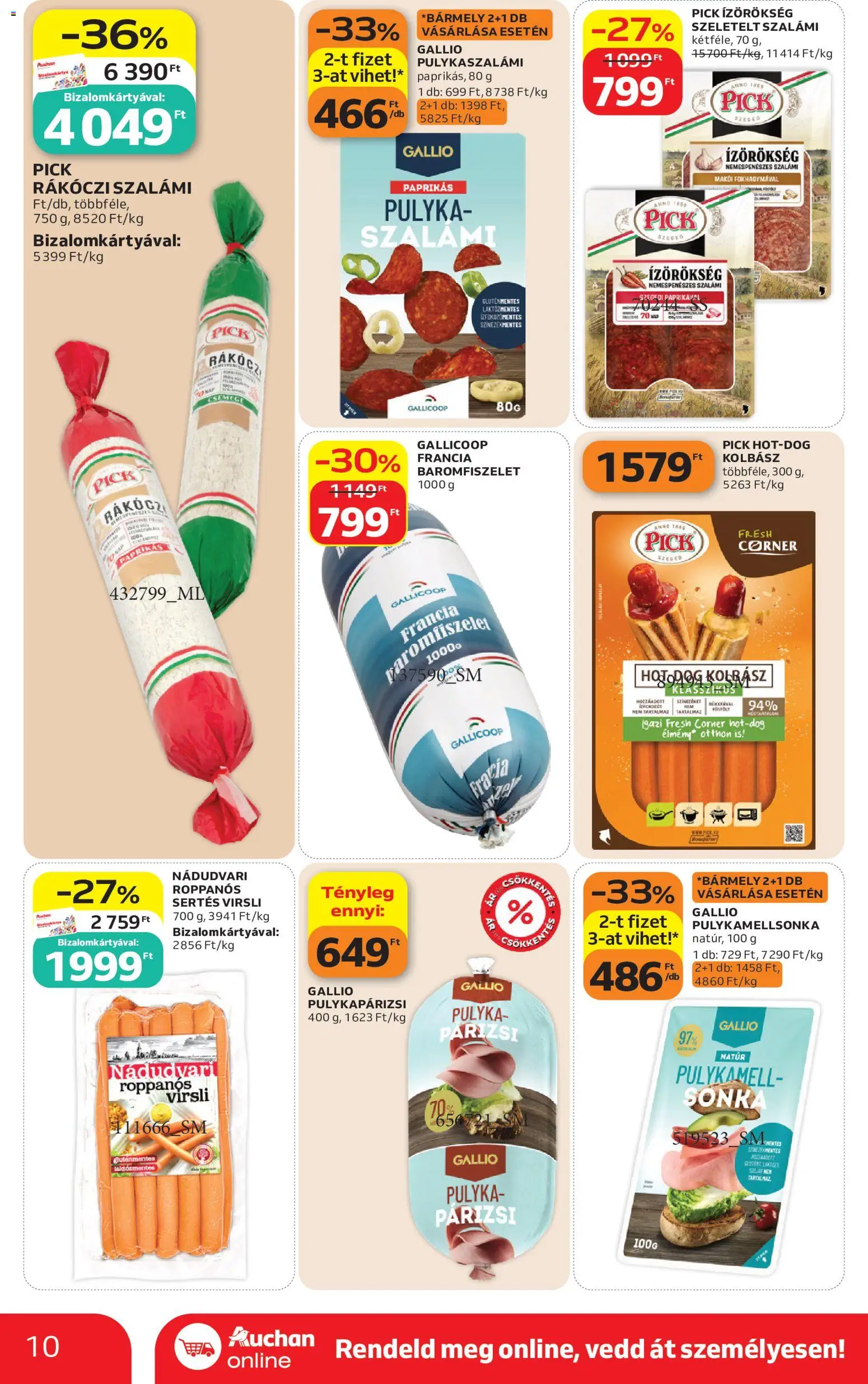 Auchan akciós ujság - amely érvényes a következő dátumtól: 2026.10.01. | Oldal: 10 | Termékek: Virsli, Pick, Sonka, Csemege