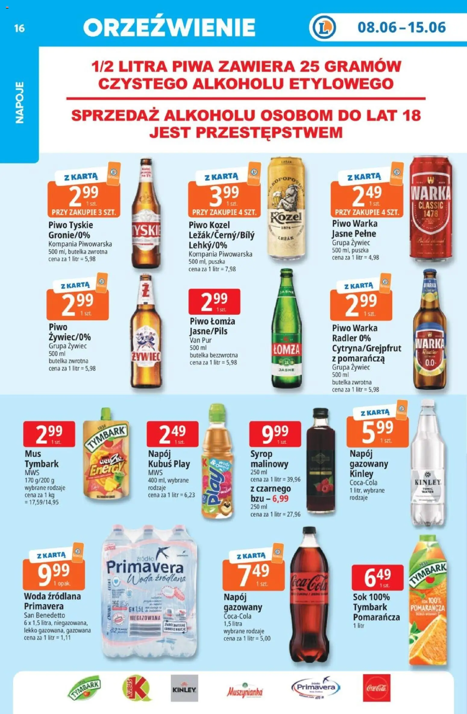 E.Leclerc gazetka od 08.06.2026 | Strona: 16 | Produkty: Woda źródlana, Muszynianka, Leżak, Piwo kozel