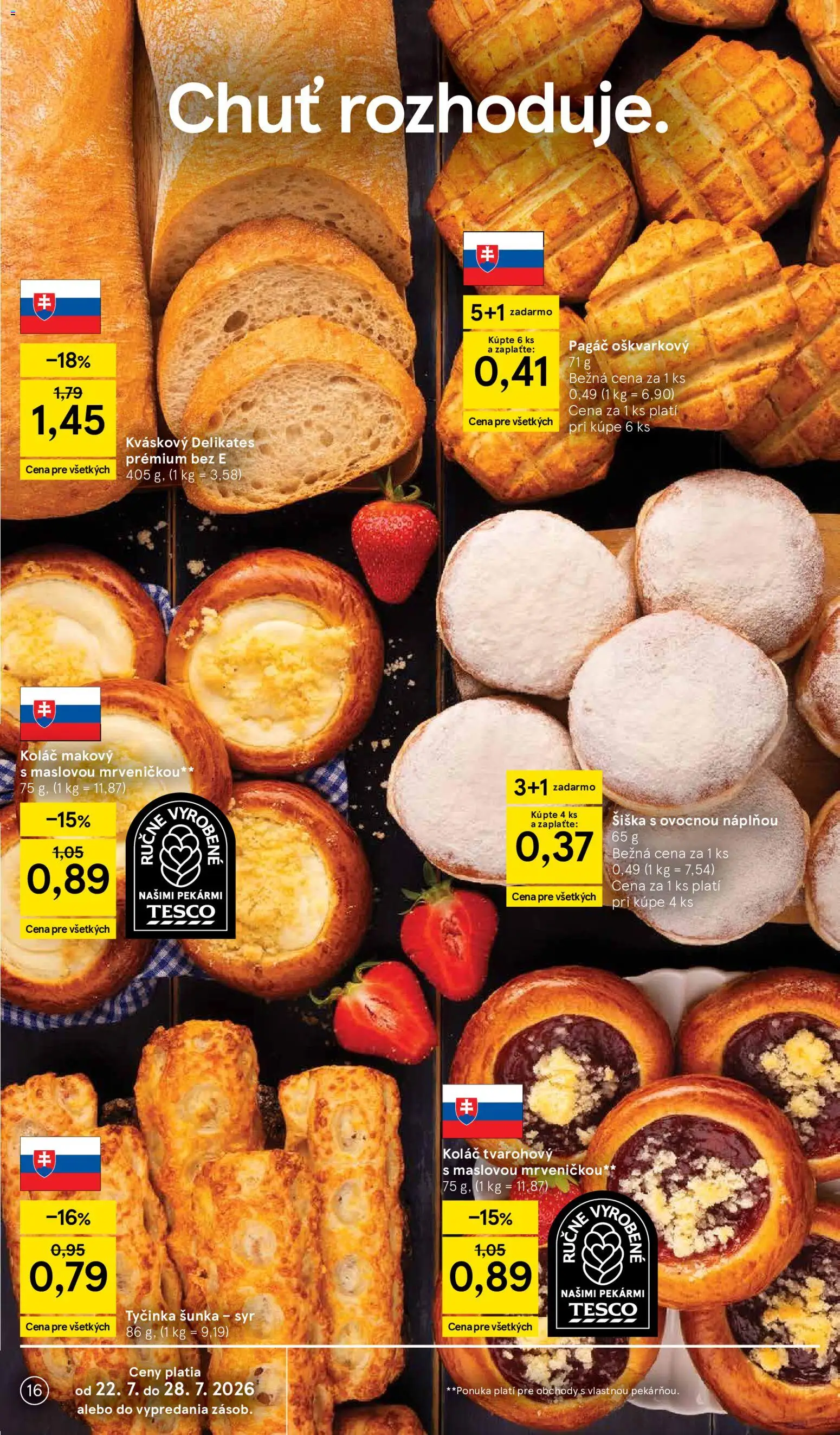 Nové Tesco akcie – leták je platný od 22.07.2026 | Strana: 16 | Produkty: Šunka, Donut, Koláč, Šiška