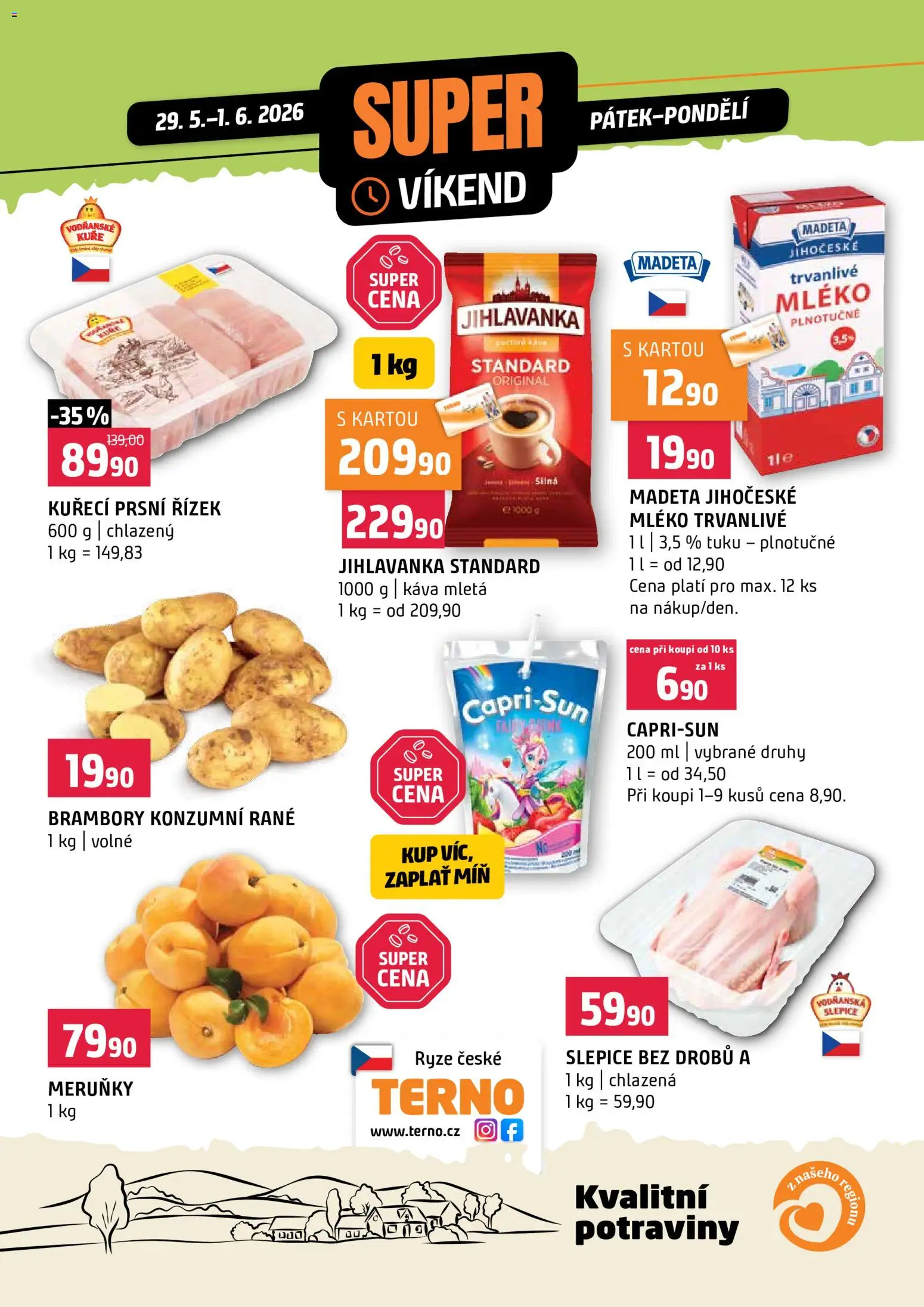 Terno leták - Super víkend od 29.05.2026 | Strana: 1 | Produkty: Mléko, Káva, Rýže, Jihlavanka