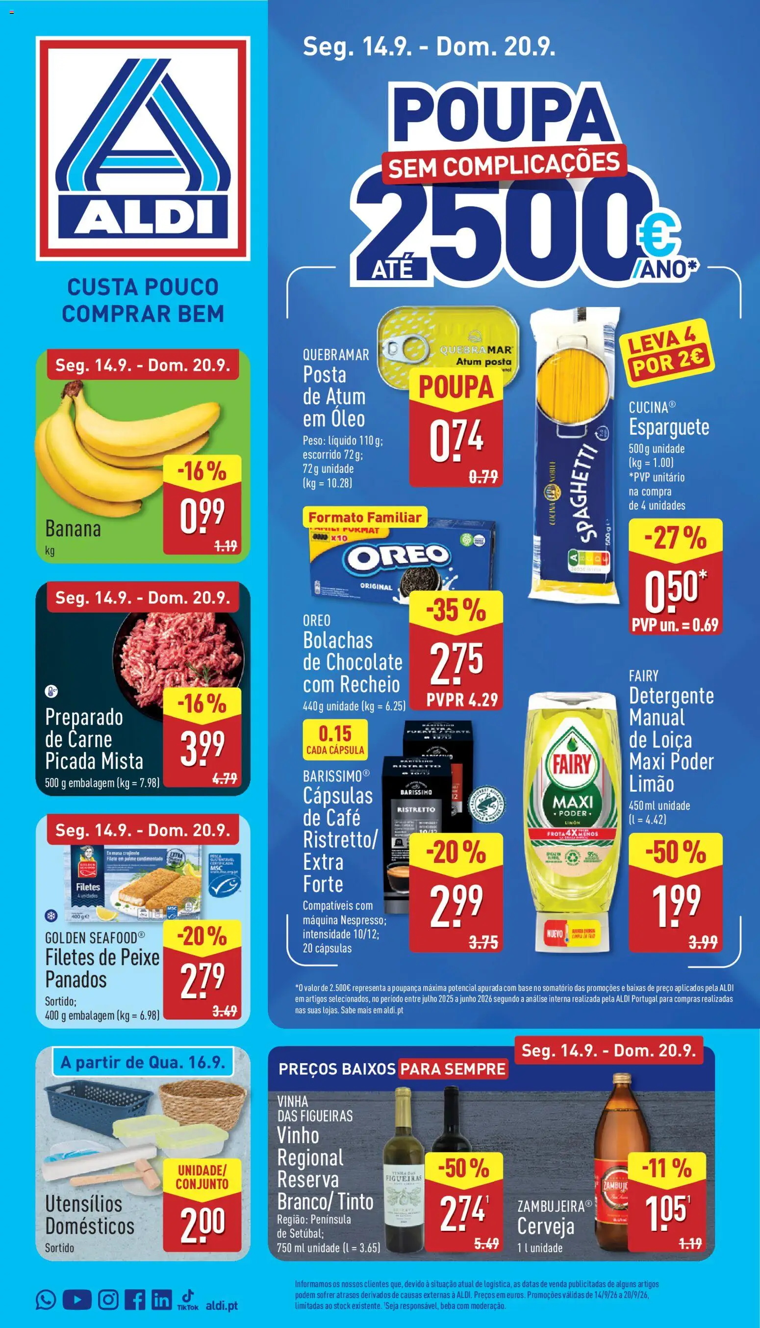 Aldi folheto │ válido de 14/09/2026 | Página: 1 | Produtos: Filetes de peixe, Bolachas de chocolate, Carne picada mista, Óleo