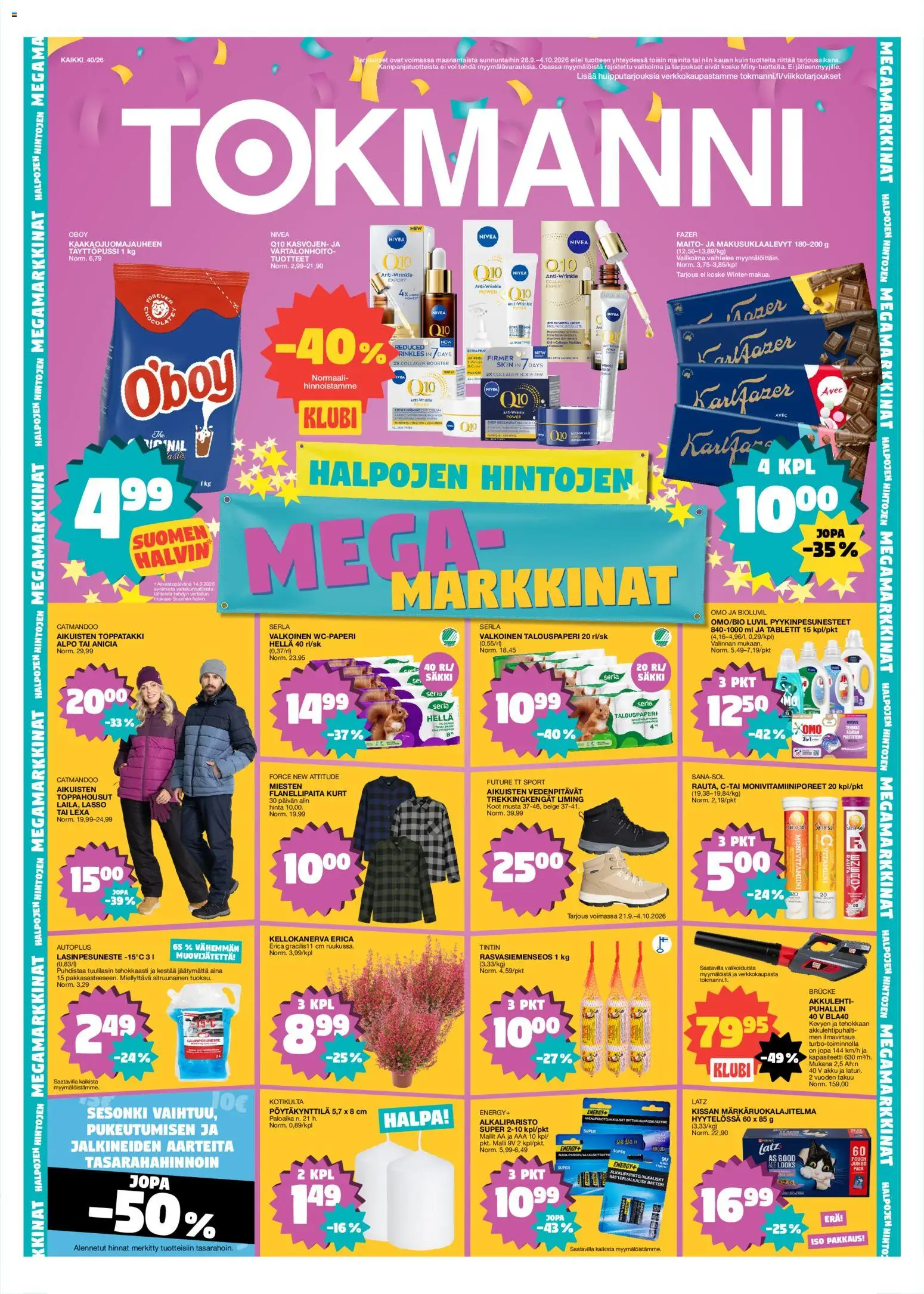 Tokmanni tarjoukset – voimassa 28/09/2026 alkaen | Sivu: 1 | Tuotteet: Hella, Akku, Monivitamiini, Maito