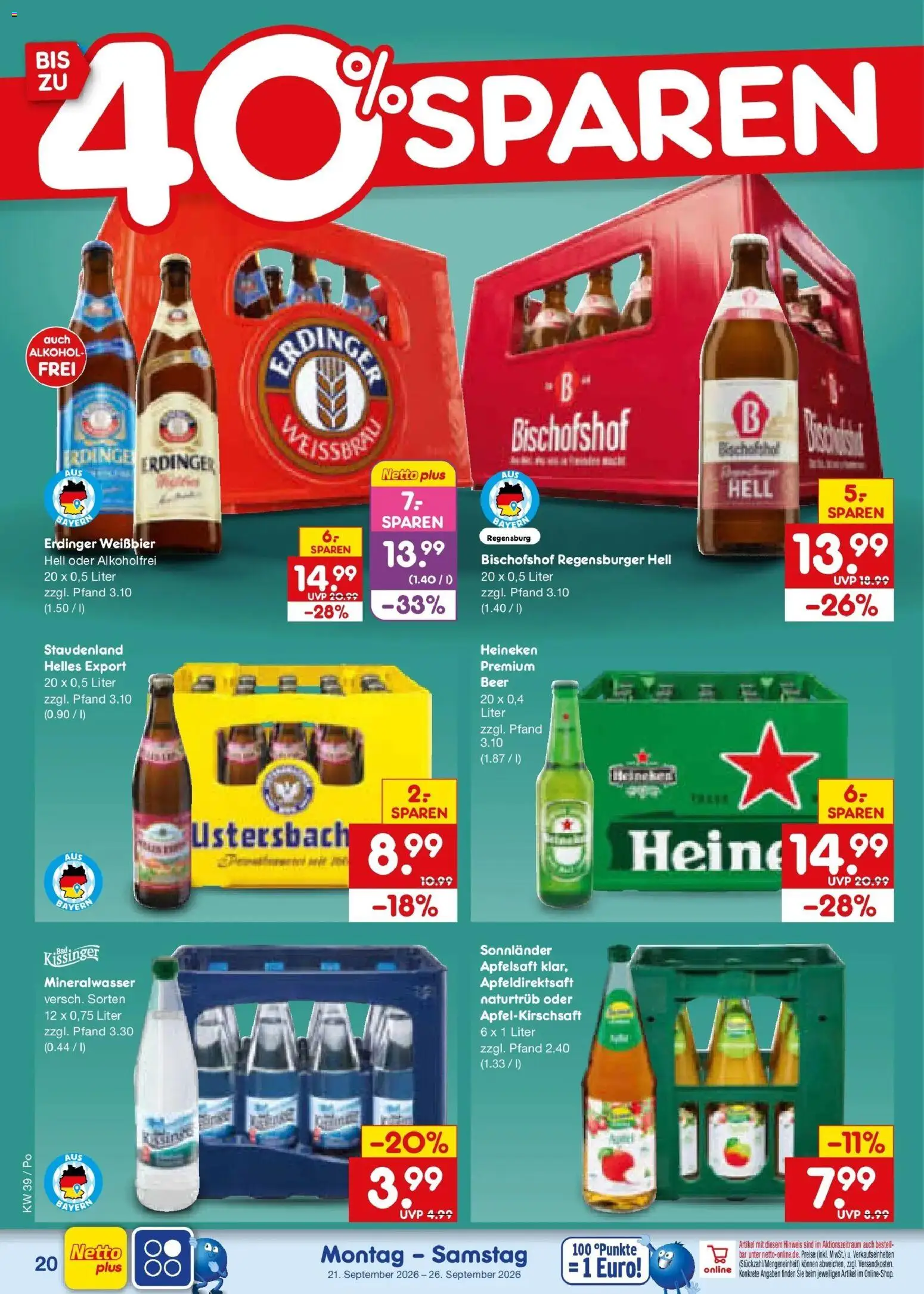 Netto Marken-Discount Prospekt Selb – gültig ab 21.09.2026 | Seite: 28 | Produkte: Erdinger, Weißbier, Mineralwasser, Heineken