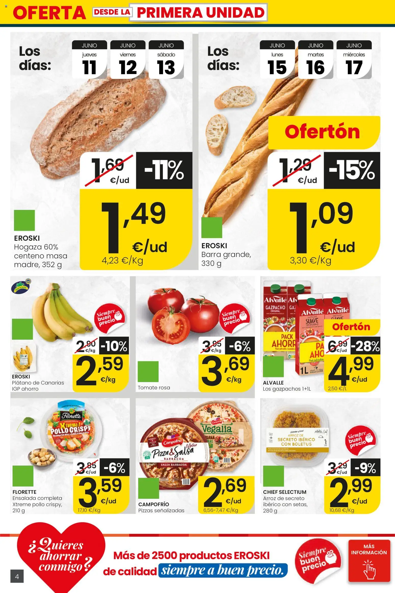 Eroski Ofertones de verano City │ válido desde el 11.06.2026 | Página: 4 | Productos: Pizza, Arroz, Gazpacho, Barbacoa
