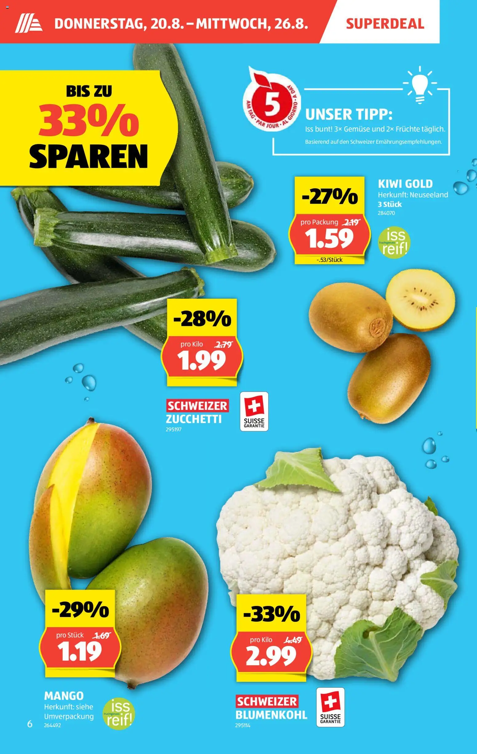 Aldi aktionen – gültig ab 20.08.2026 | Seite: 6 | Produkte: Zucchini, Gemüse, Kiwi, Früchte