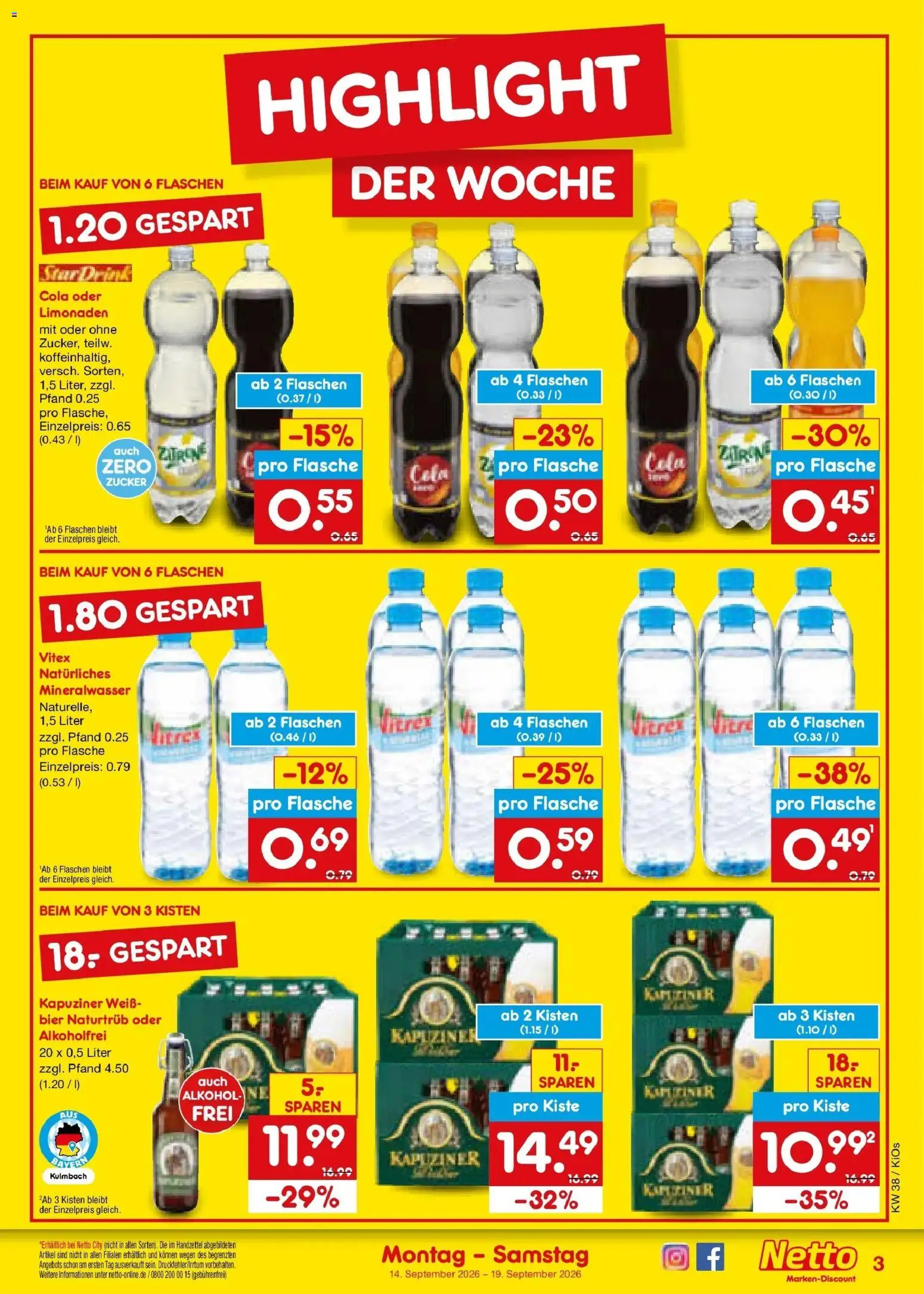 Netto Marken-Discount Prospekt Mistelbach – gültig ab 14.09.2026 | Seite: 3 | Produkte: Cola, Mineralwasser, Zucker, Zitrone