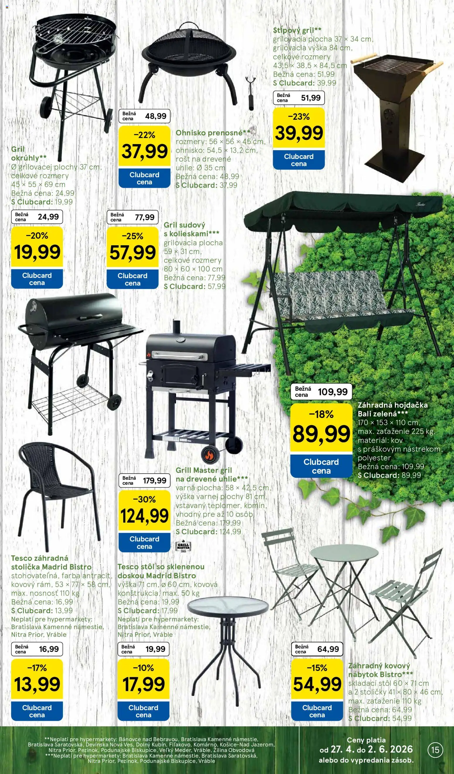 Nové Tesco akcie – leták je platný od 20.05.2026 | Strana: 15 | Produkty: Nábytok, Gril, Stoličky, Stôl