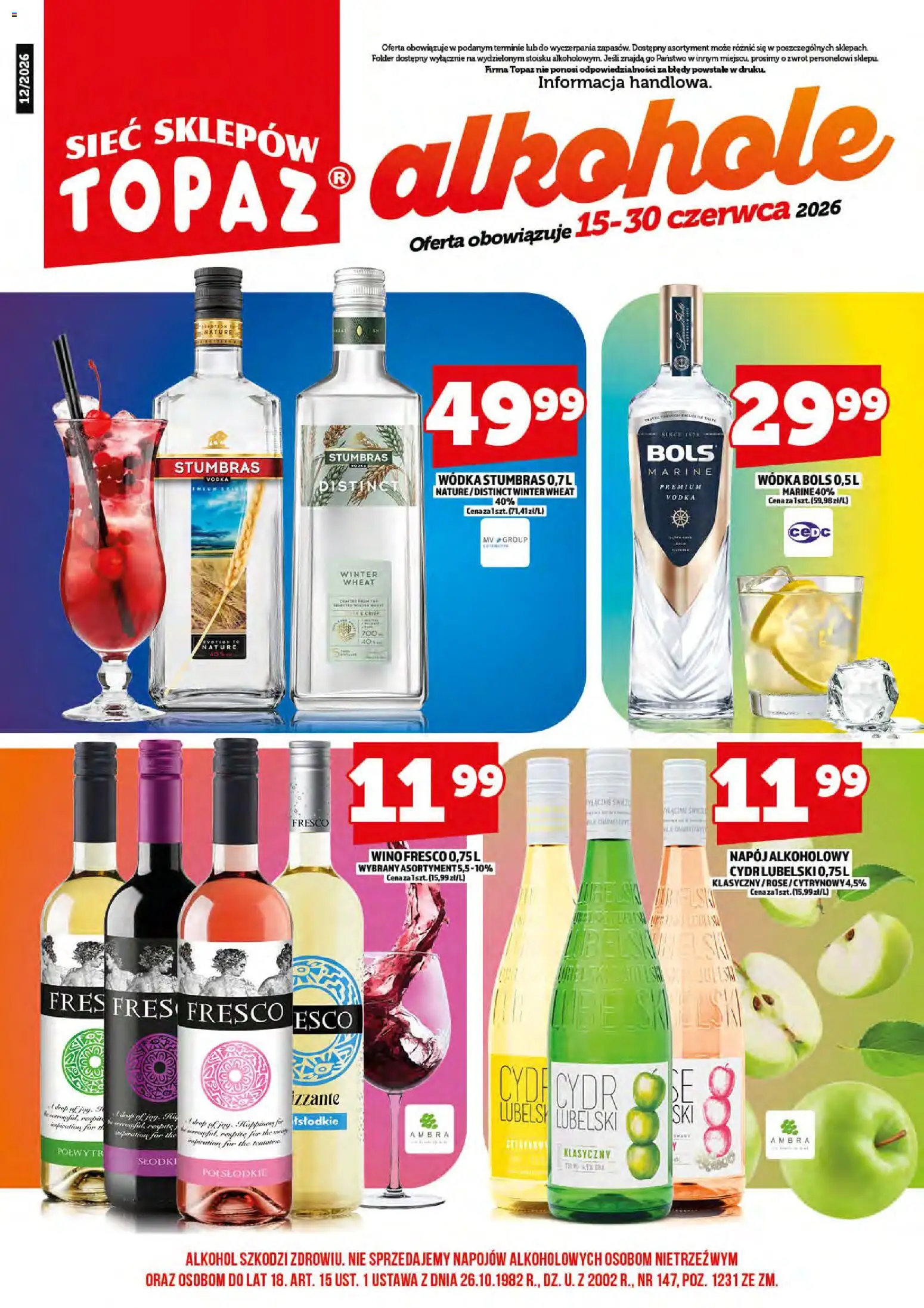 Topaz gazetka alkoholowa od 15.06.2026 | Strona: 3 | Produkty: Wódka Stumbras, Vodka, Wino, Wódka