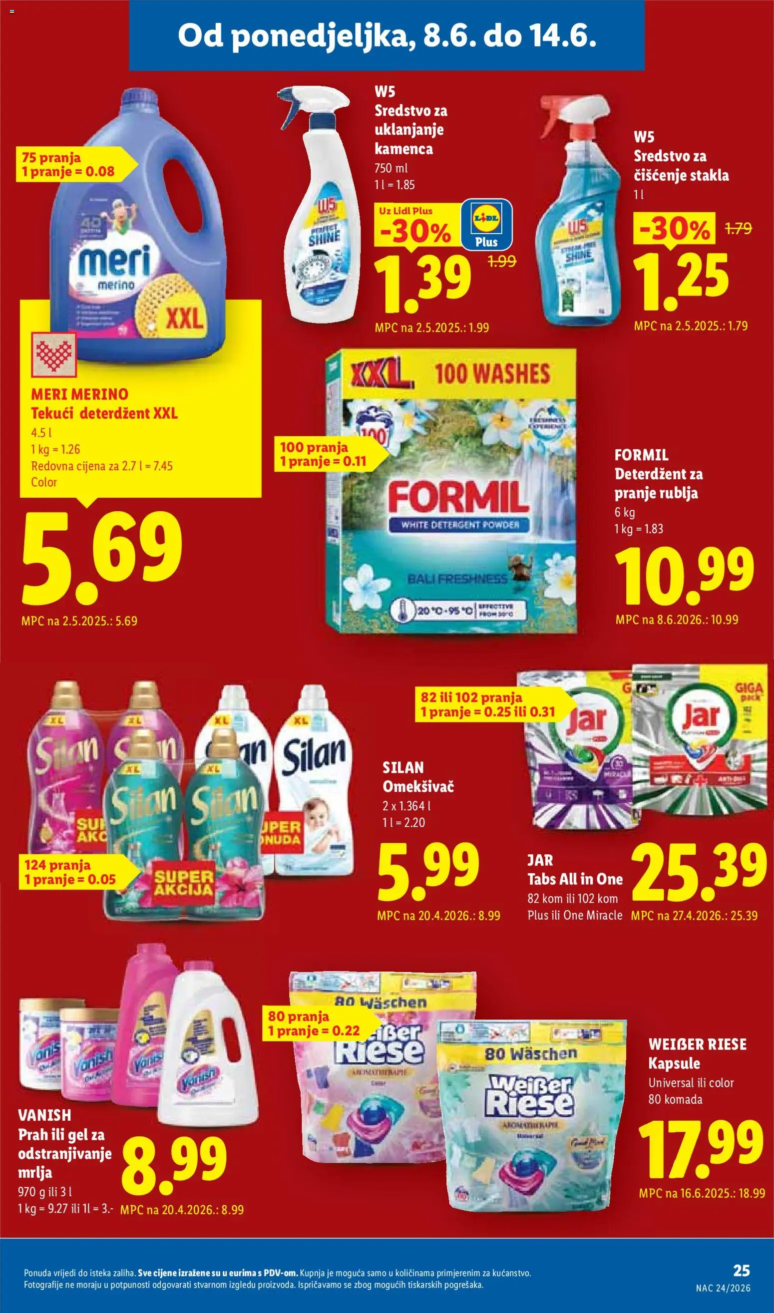 Lidl katalog | vrijedi od 08.06.2026 | Stranica: 25 | Proizvodi: Omekšivač, Tekući deterdžent, Meri Merino, Weisser Riese