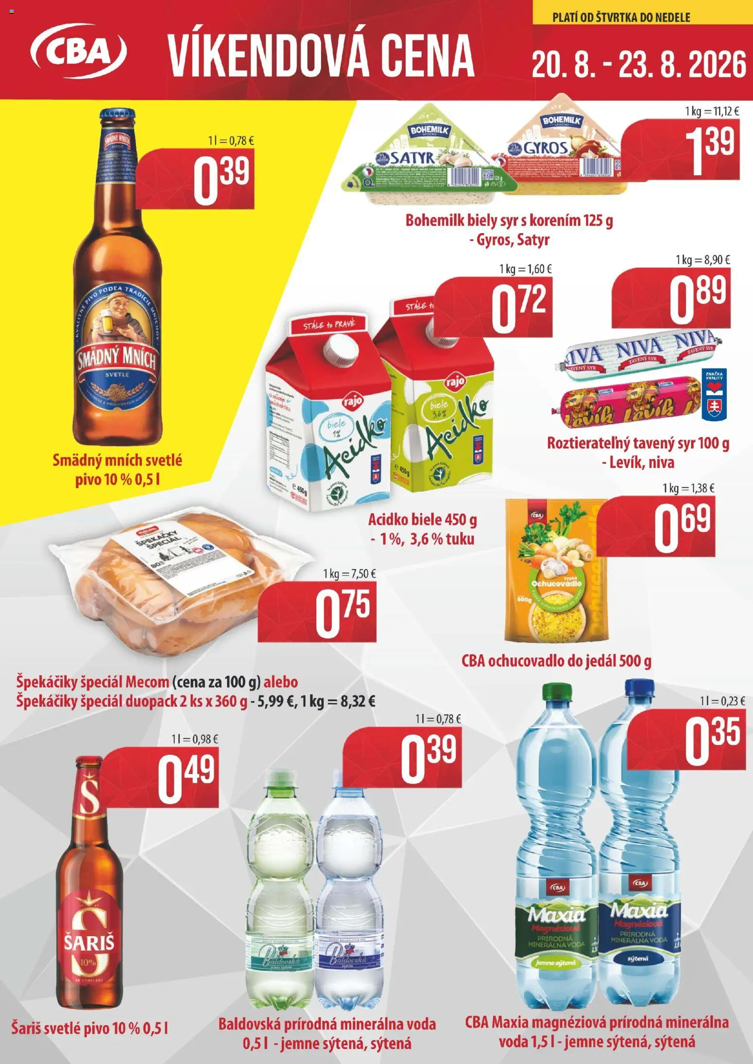 Nové CBA Komfos akcie – leták je platný od 20.08.2026 | Strana: 1 | Produkty: Syr, Tavený syr, Minerálna voda, Acidko