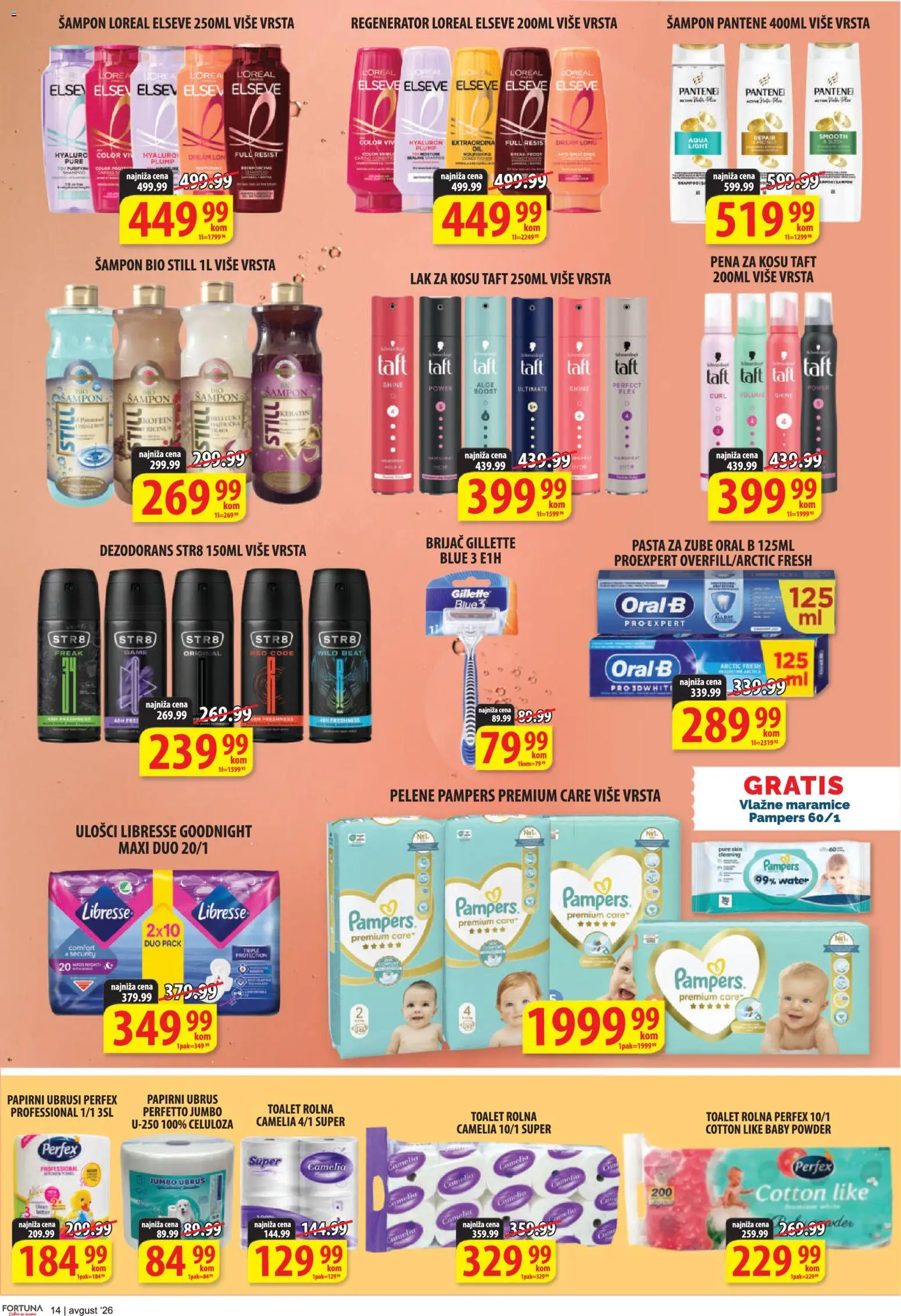Fortuna Market katalog - važi od 10.08.2026 | Strana: 14 | Proizvode: Ubrus, Lak za kosu, Vlažne maramice, Pelene