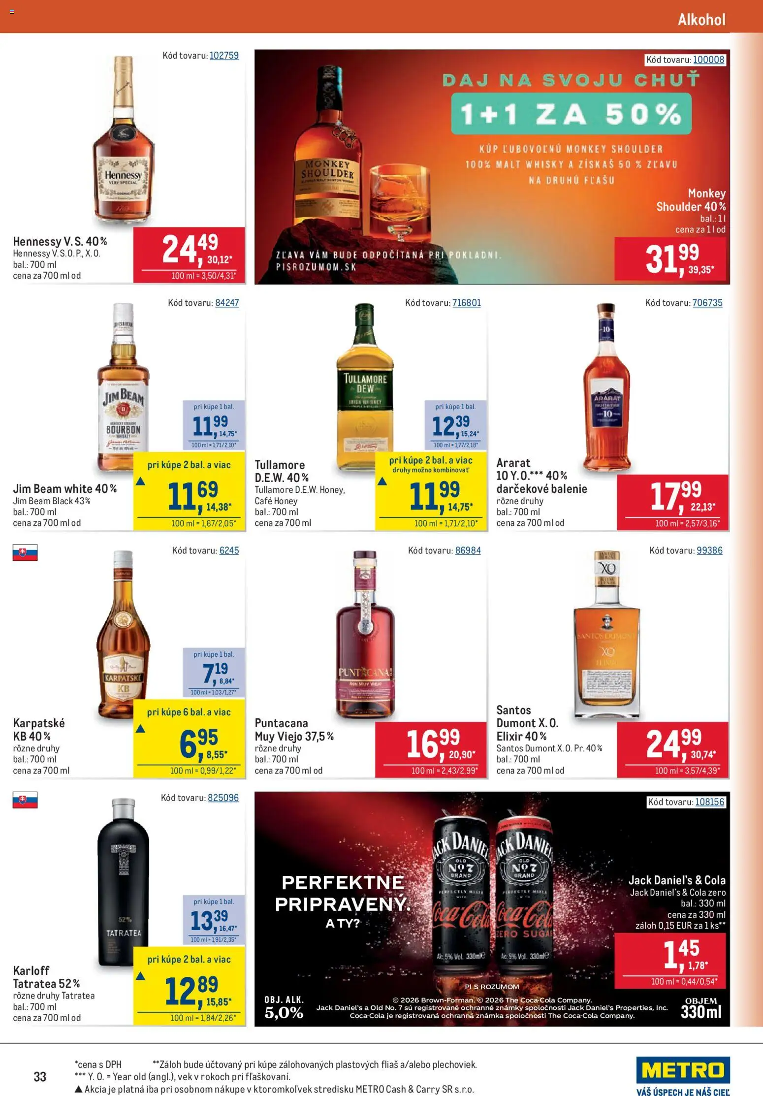 Nové Metro akcie – leták je platný od 09.09.2026 | Strana: 33 | Produkty: Alkohol, Cola, Hennessy, Jack Daniel's