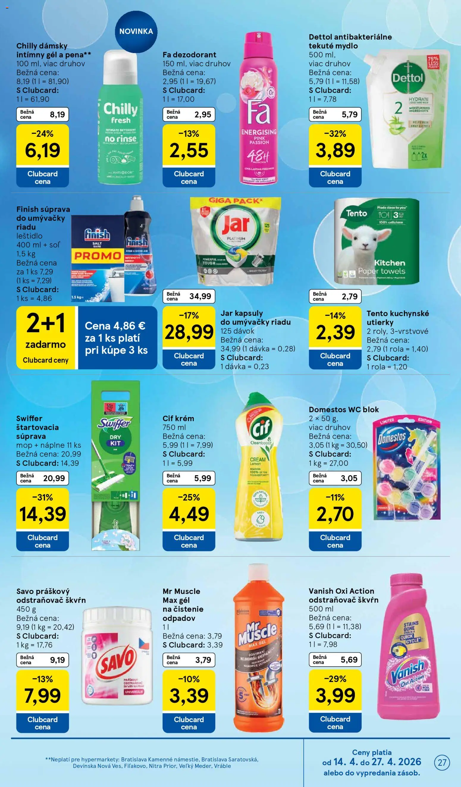Nové Tesco akcie – leták je platný od 15.04.2026 | Strana: 27 | Produkty: Vanish, Mydlo, Soľ, Domestos