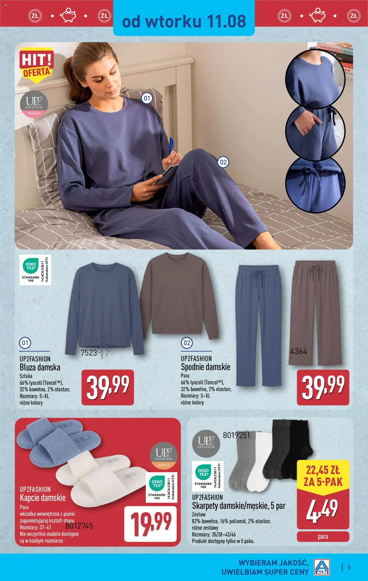Aldi gazetka - Artykuły przemysłowe i tekstylia od 11.08.2026 | Strona: 5 | Produkty: Spodnie, Skarpety, Kapcie, Pianki