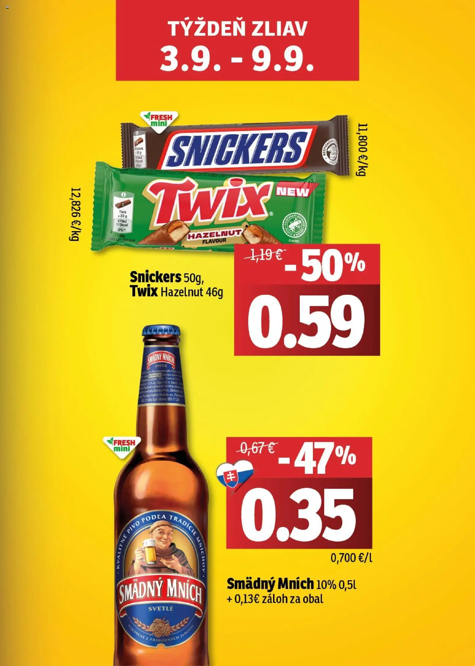 Nové Fresh akcie – leták je platný od 27.08.2026 | Strana: 3 | Produkty: Pivo, Smädný Mních, Snickers