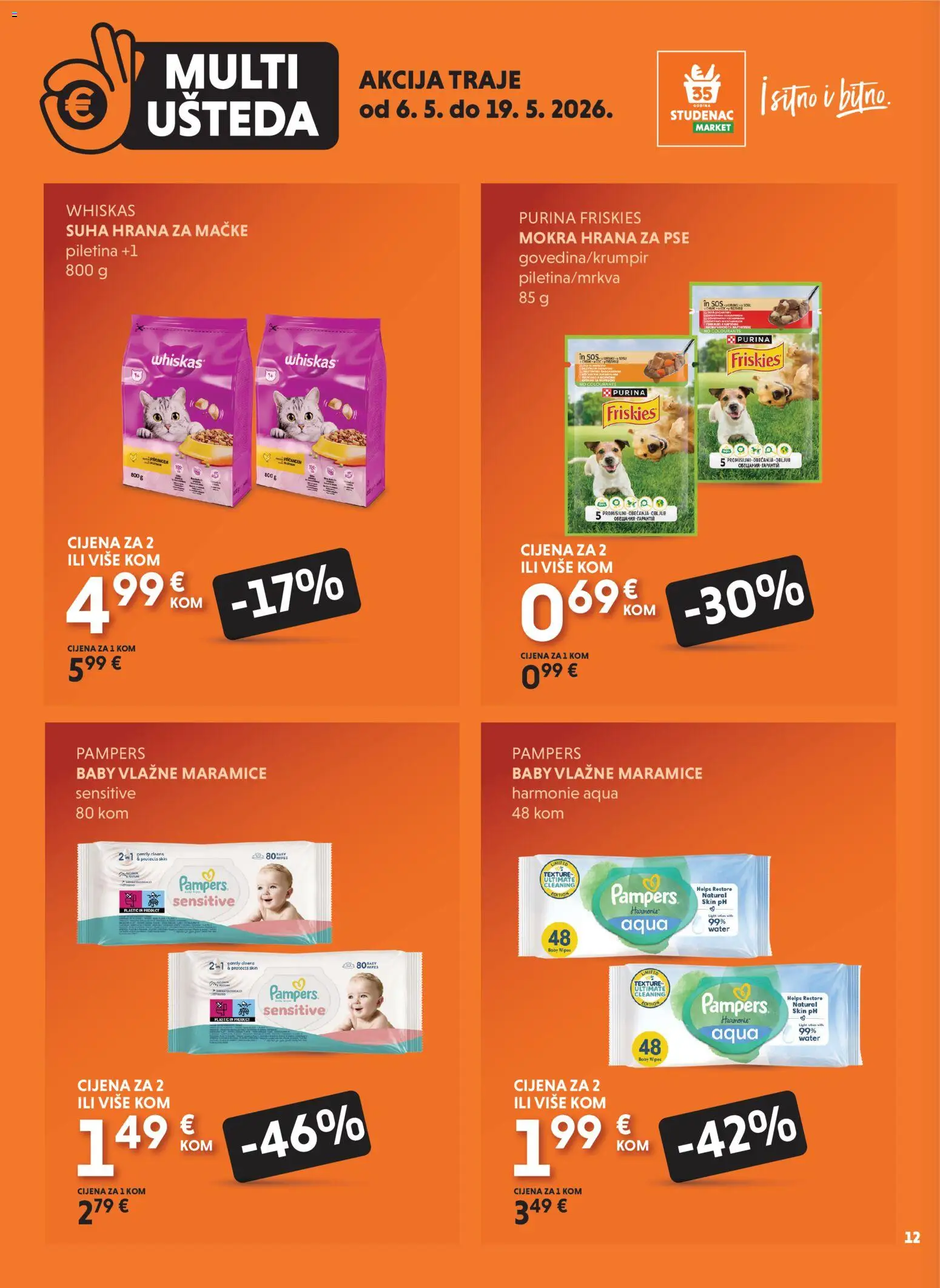 Studenac katalog | vrijedi od 06.05.2026 | Stranica: 12 | Proizvodi: Whiskas, Vlažne maramice, Hrana za pse, Hrana za mačke
